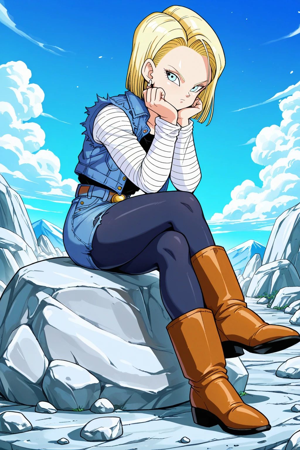 (high quality:1.1), detailed face, android 18, android_saga, 1girl, solo, short hair, blue eyes, skirt, blonde hair, sitting, denim jacket, pantyhose, boots, torn clothes, black pantyhose, crossed legs, head rest, rock, denim skirt, blue skirt, black shirt, blue jacket, striped sleeves, white sleeves, brown boots