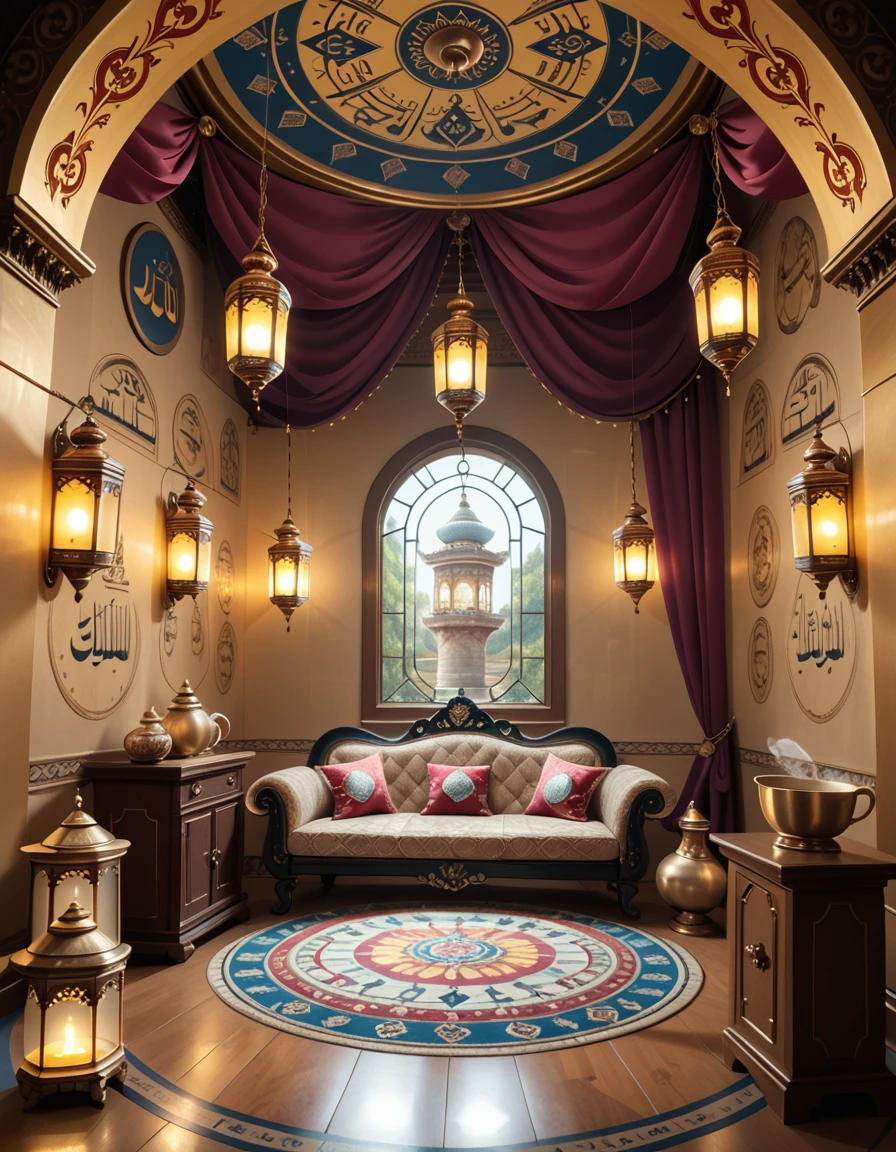 The interior of a genieâs lamp, imagined as a luxurious, mystical chamber with ornate Arabian decor. The space is curved and enclosed, with golden walls engraved with swirling patterns and ancient calligraphy. Rich fabrics in deep reds and purples drape from the ceiling and line the walls. A low, jewel-encrusted divan with embroidered cushions sits at the center on a circular mosaic floor. Hanging lanterns cast a warm, magical glow, reflecting off the golden surfaces. Incense burners rest in the corners, and the air seems to shimmer with enchantment. No characters are present.genie lamp 1nt3r10r, <lora:genie_lamp_1nt3r10r-p:1>,score_9, score_8_up, score_7_up,amazing quality, ultra realistic, 3D, HD, best quality, amazing quality, very aesthetic, absurdres,