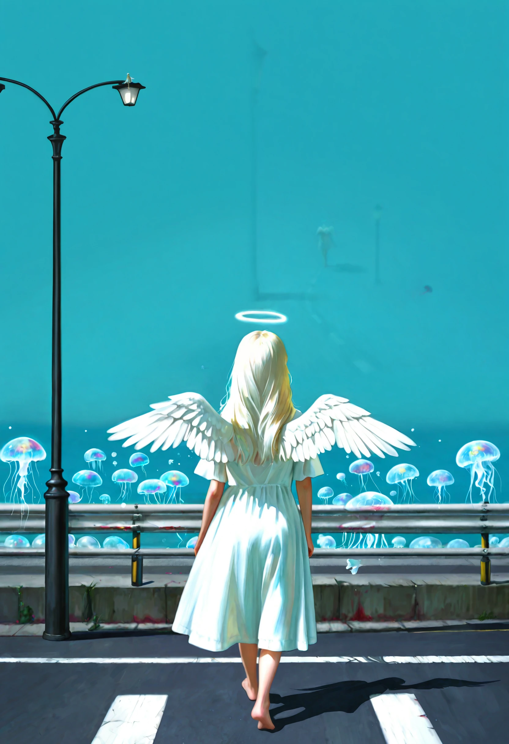 <lora:5p257uY55m95pyI5YWJ-illustriousXL_v01_V4-CAME-000035>, 5p2/57, realistic, wings, angel, halo, jellyfish, white dress, 1girl, dress, angel wings, railing, barefoot, 1other, horror \(theme\), blood, shadow, feathered wings, lamppost, from behind, surreal, white wings, solo, white hair, road, walking, facing away, long hair, guard rail, standing, monster, wide shot, full body, blonde hair, aqua background, outdoors