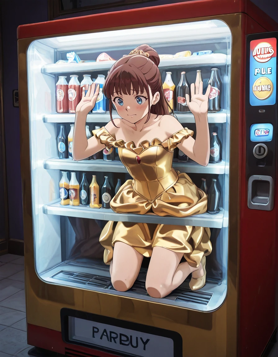 anime artwork masterpiece, best quality, <lora:VendingMachineQuiron_illus:1> vendingMachineXquiron , trapped inside a baby blue vending machine, stuck in object, stuck, public use, a mustard vending machine , beer, soda, soft drinks, glass of beer, beer bottle, wine bottle, vending_machine , trapped inside, against glass, , solo, Belle (Beauty and the Beast): Belle's iconic yellow ball gown is an enchanting creation. The full-length dress features a fitted bodice with off-the-shoulder sleeves, made from luxurious satin or silk fabric. The bodice is typically embellished with intricate gold embroidery, beads, or sequins, creating an elegant and regal appearance. The skirt is voluminous, often consisting of multiple layers of tulle or organza that cascade down to the floor. The layers add depth and movement to the dress, giving it a fairy-tale-like quality. Belle's dress is often paired with yellow or gold ballet flats or slippers, completing her enchanting look., . anime style, key visual, vibrant, studio anime, highly detailed