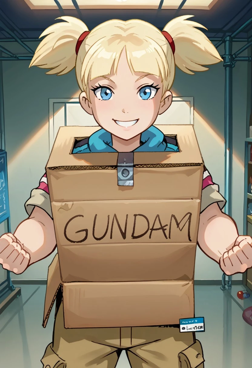 score_8, score_8_up, score_7_up, official art, source_cartoon, 1girl, solo, female focus, pe&tg, blonde hair, short twintails, red ponytail holder, blue eyes, smile, looking at viewer, ha_ko_ga, cardboard box, English text, cargo pants, smile, clenched hands, indoors, industrial
