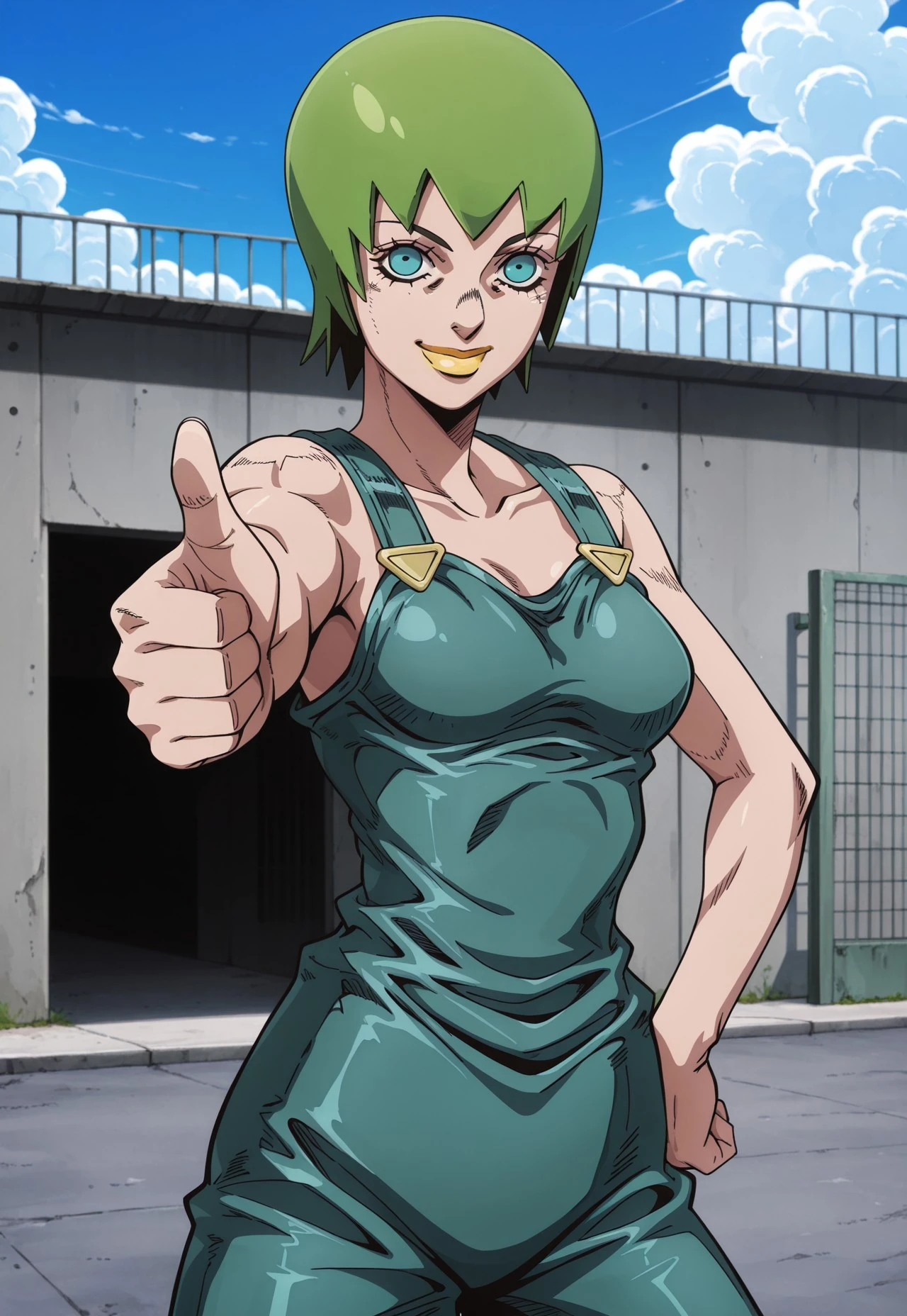 (masterpiece, amazing quality, best quality, anime coloring, detailed),very aesthetic, illustration, perfect composition, intricate details, absurdres, incredibly absurdres, (((1girl, solo, FooFighters, Green Hair, Short Hair, Cyan Eyes, Yellow Lipstick, Teal Overalls, Gold Buttons, perfect face, detailed eyes))),Prison Fence, Courtyard, Cowboy Shot, Standing, Looking At Viewer, Smile, Hand On Hip, Holding Arm Out Towards Viewer, Thumbs Up, Sky, Clouds, Original Style