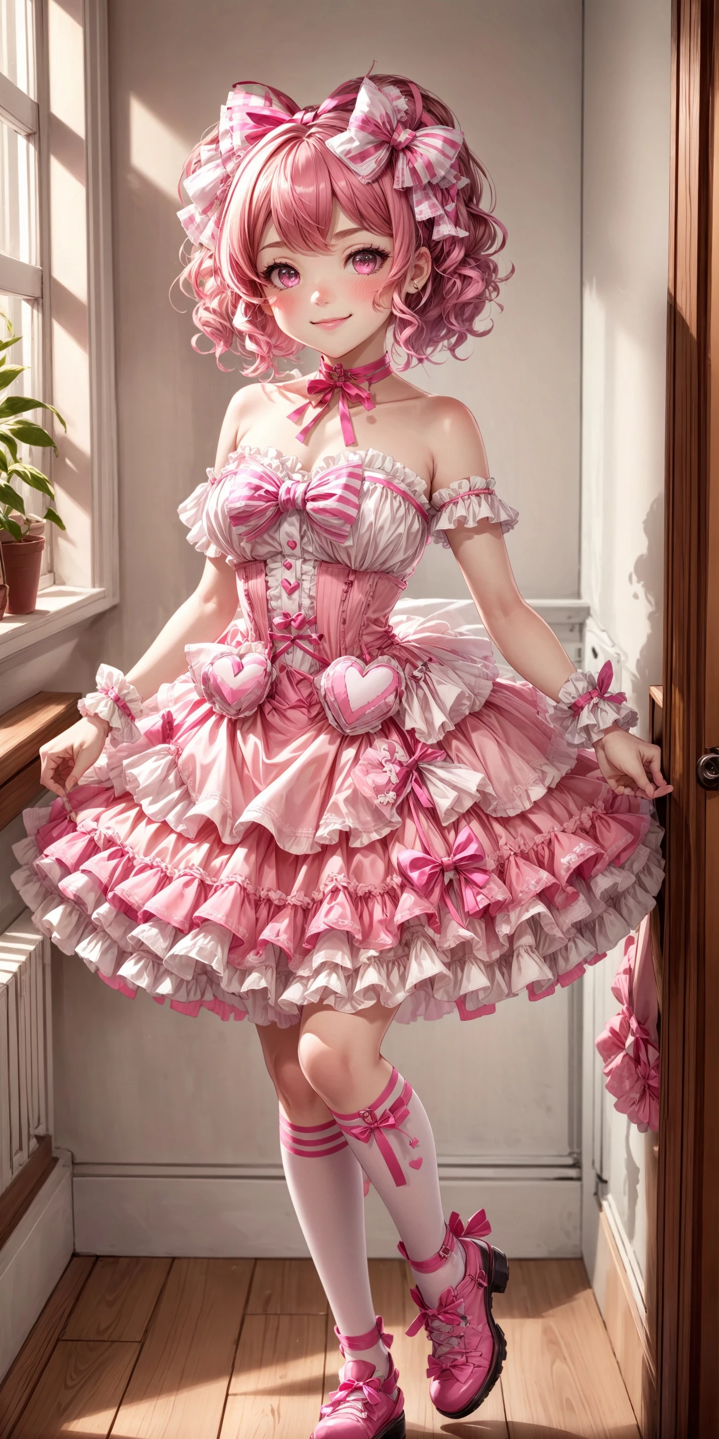 (fullbody, front facing, facing viewer) 1girl, big sparkling eyes, blush, smile, hot pink and light pink basque waist strapless sleeveless dress, dress, strapless, sleeveless, (very short dress, minidress), hot pink and light pink lace-trimmed large chest ribbon, pastel pink and white plaid print bodice, plaid, plaid print, plaid print bodice, buttons, dark pink buttons, basque waist, brooch, waist ornament, waist ornaments, hot pink padded heart waist ornaments, waist ribbons, hot pink waist ribbons, light pink plaid frills, hot pink ruffles, white lace, white dainty lace trim, light pink and hot pink attached layered ribboned skirt, bow skirt, hot pink hip_ribbons, bows, frilled bows, lace-trimmed bows, pink bows, hot pink bows, hot pink crisscross ribbon choker, ribbon choker, shoes, (hearts, stuffed hearts, hearts on dress), <lora:more_details:0.7>, <lora:scene_:0.5>, <lora:FashionComplexityEnhancerLORAv1:0.4>, <lora:69e30a8d-7acf-4040-9a0d-d43fc5efe66c:0.6>, <lora:96073874-f082-4683-942e-601cecac5c40:0.3>, <lora:f7d08feb-f21d-42d0-9ef1-a9481867524d:0.3>, <lora:5844635f-c9c3-4f9e-85c4-d0d40f201159:0.3>, <lora:betterLight_v10:0.3>, ,