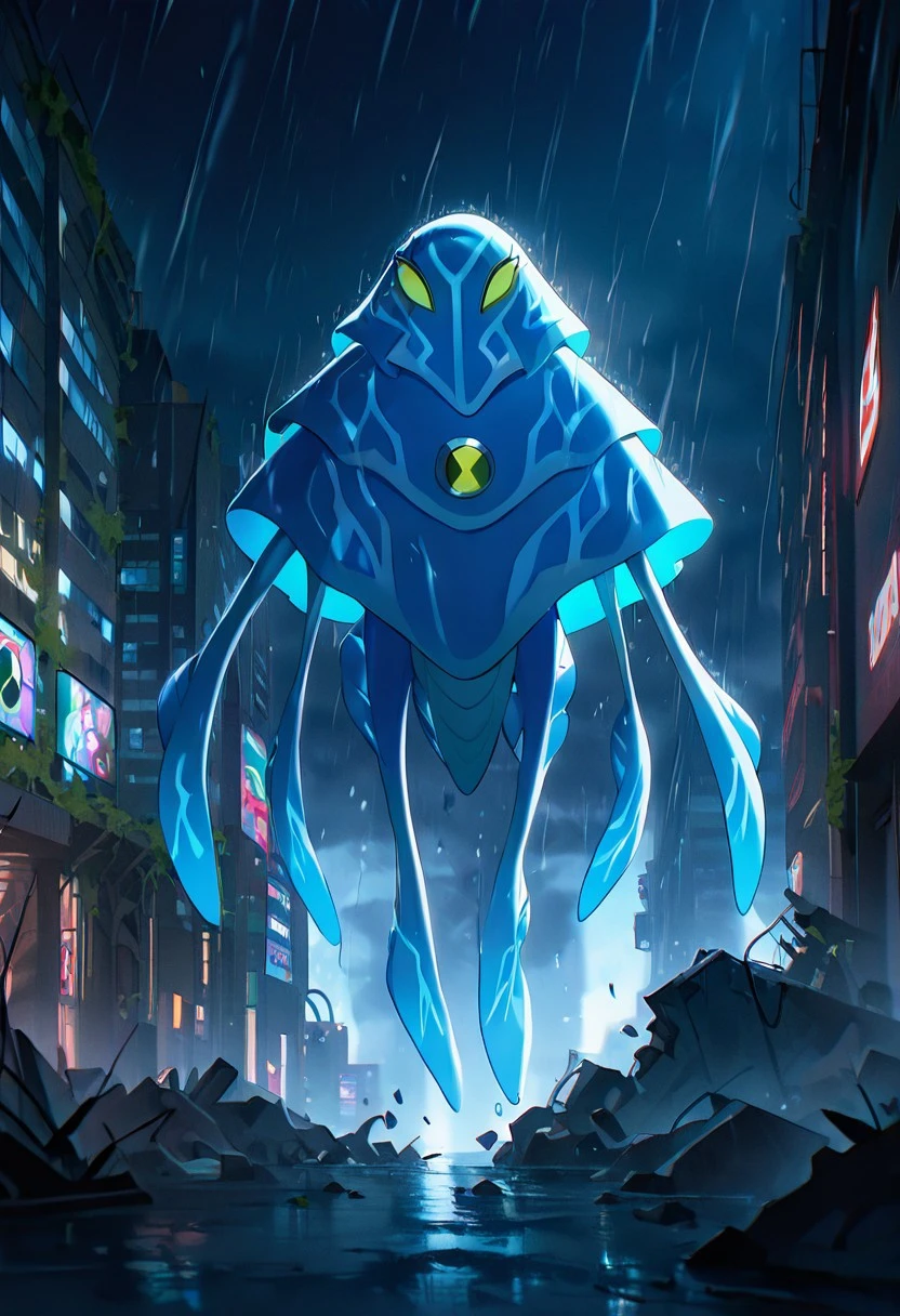 masterpiece, best quality, amazing quality, very aesthetic, absurdres, newest,, detailed background,
ampfibian, full body, pokemon (creature), no humans, colored sclera, green eyes, blue skin, tentacles, extra eyes, colored skin, squid, jellyfish, no mouth,
heavy rain, in city, destroyed city, overgrown city, dark sky, rain,