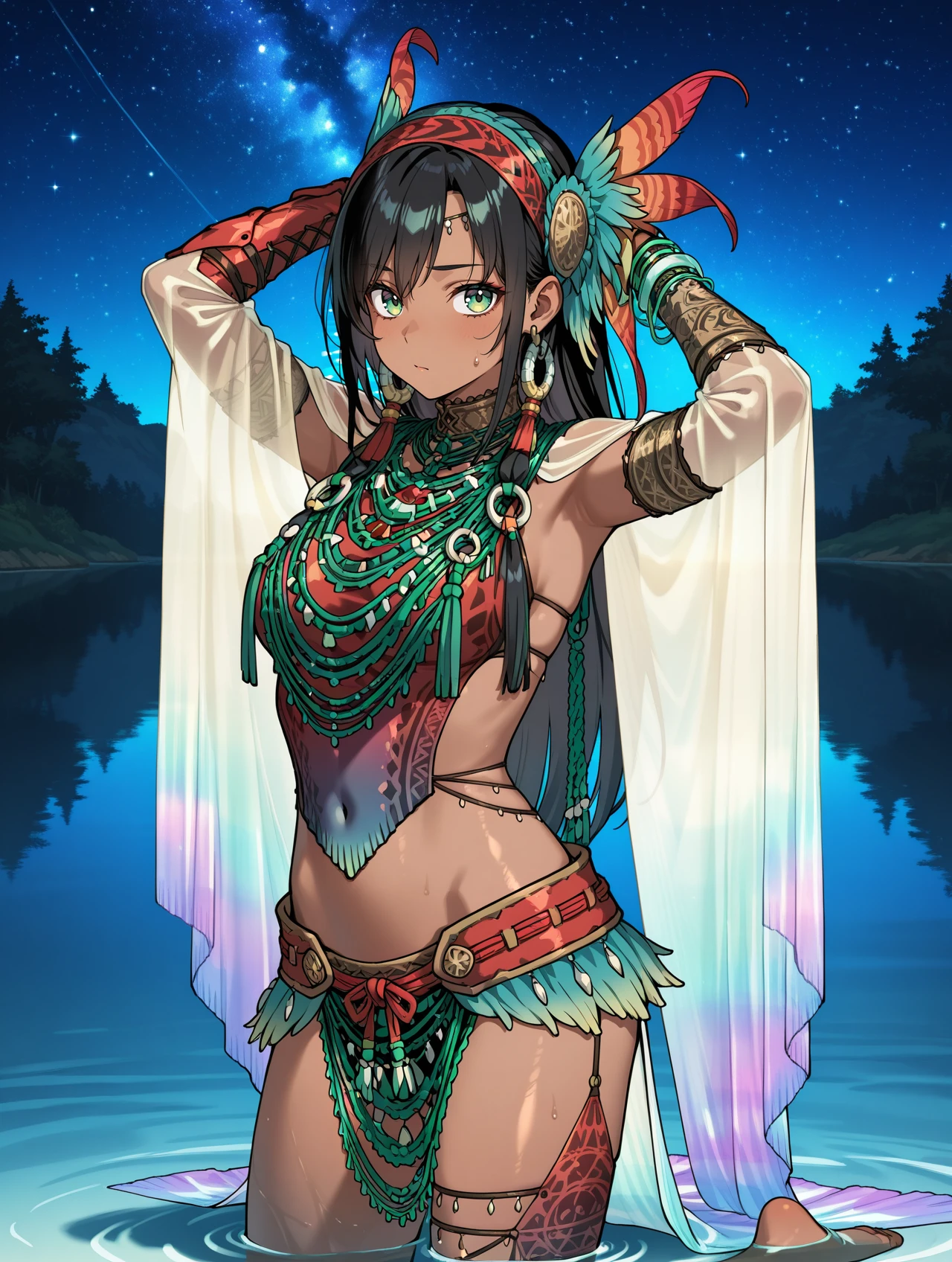 uth duna armor,solo,dark-skinned female,covered navel,green eyes,black hair,barefoot,long hair,looking at viewer,1girl,orange feather headdress,orange halterneck,orange asymmetrical gloves,green loincloth,upper body, see-through waist cape,see-through long sleeves,tribal earrings,lake,night sky,starry sky,lying,wading, arms up, sweatdrop,
masterpiece,best quality,amazing quality,very aesthetic,absurdres,newest,<lora:Uth Duna Armor illuXL v1.4:0.77>,<lora:wai-2Rectified-V140:0.7>,