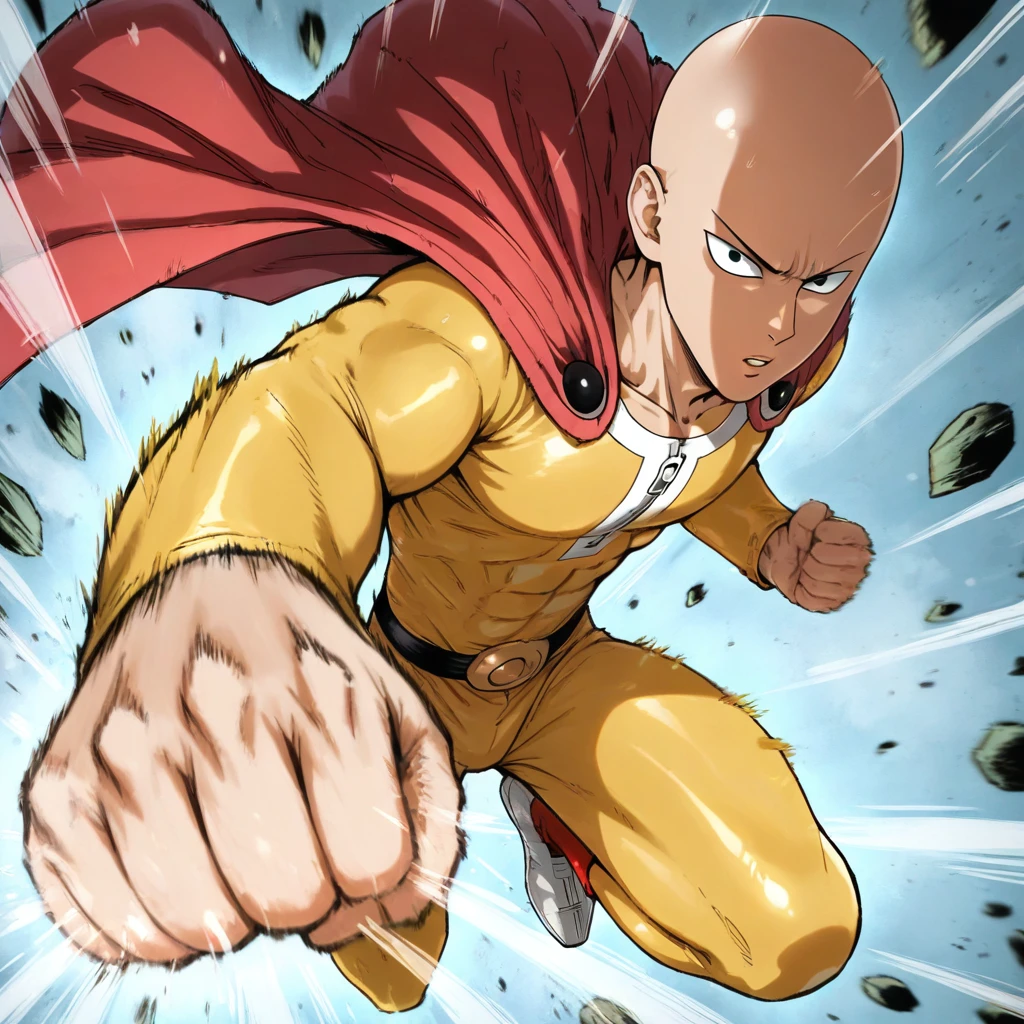 masterpiece, best quality, newest, absurdres, highres, INCPUV1.0, punching, incoming attack, incoming punch, 1boy, saitama_(one-punch_man), bald, bodysuit, yellow bodysuit, red cape,