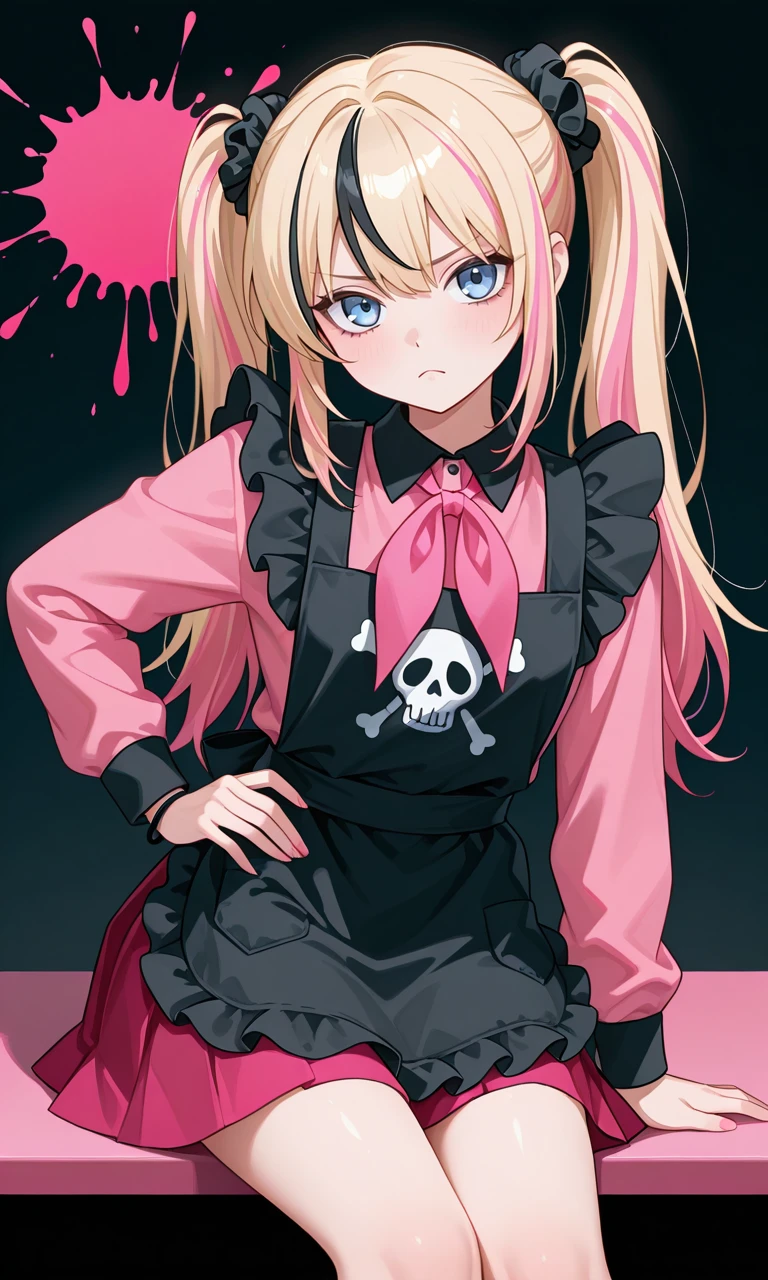 a girl wearing a emo clothes sitting and her hand on her hip, 1girl, blue eyes, multicolored hair, solo, streaked hair, long hair, black hair, pink hair, ((blonde hair)), looking at viewer,1girl, long hair, twintails, blonde hair, black scrunchie, blue eyes, school uniform, pink neckerchief, collared dress, red dress, frills, black apron, long sleeves, black wristband,Everything in black, everything in pink, black color aesthetic, pink color aesthetic, black theme, pink theme,emo fashion, emo girl,frown