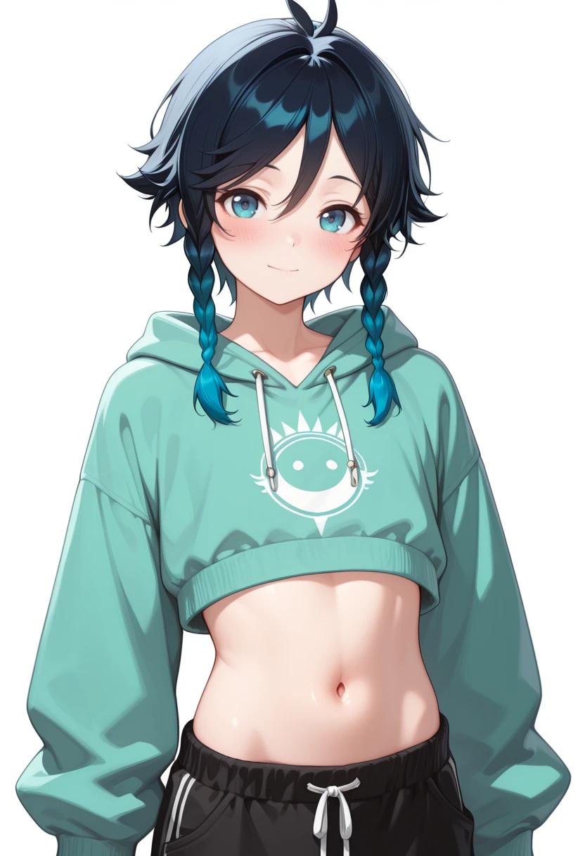 1boy, 
amazing quality, high resolution, ultra-detailed, venti, solo, hood, twin braids, navel, smile, simple background, hoodie, pants, looking at viewer, long sleeves, midriff, bangs, hood down, white background, drawstring, short hair with long locks, cropped hoodie,
masterpiece, best quality, very aesthetic, absurdres