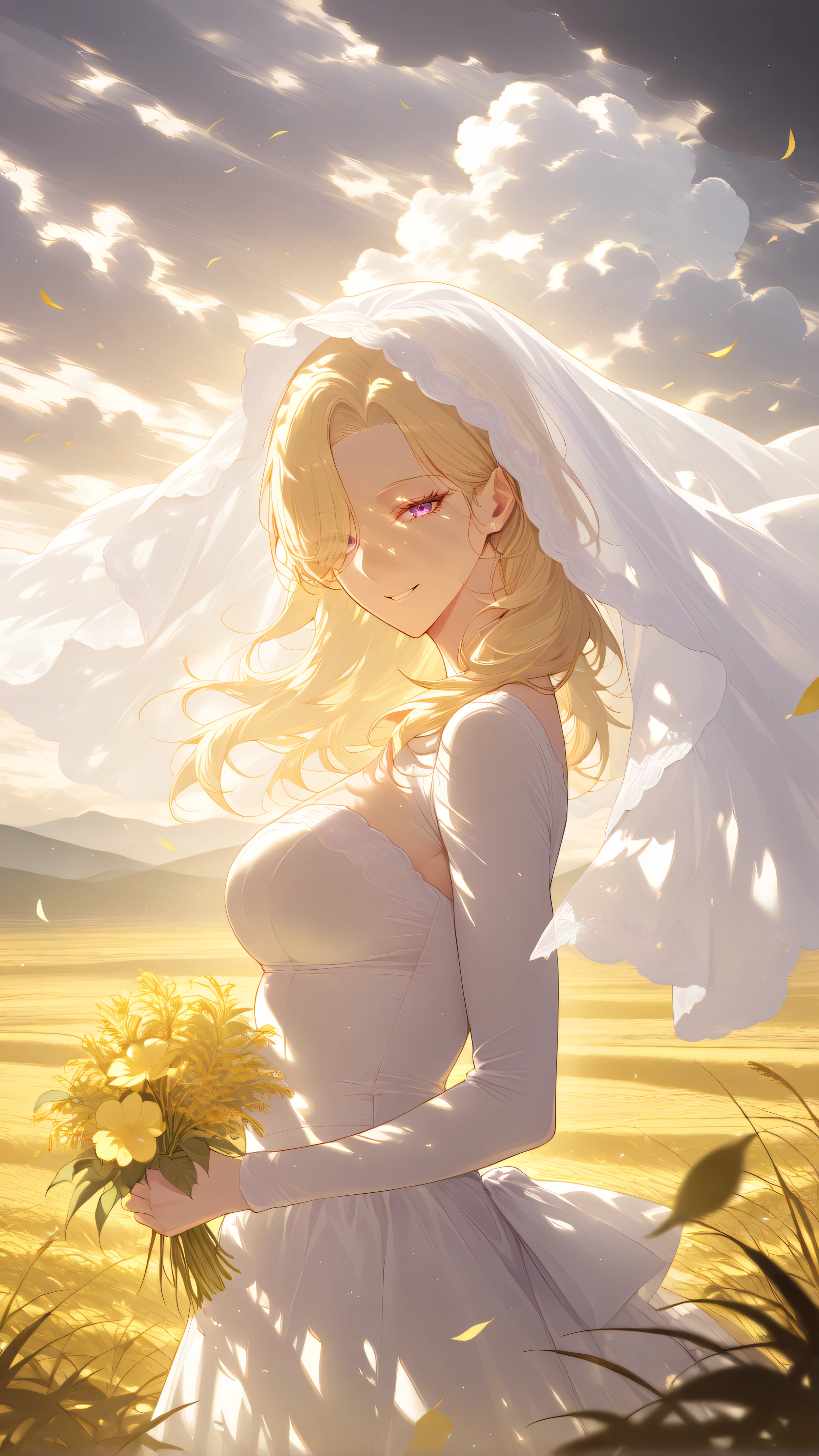 1girl, solo,beautiful detailed eyes,long hair,(blonde hair:1.4), hair over one eye,purple_eyes,looking at viewer,(medium breasts),
wedding dress,White veil,(holding Pale yellow flowers:1.3),standing,cowboy_shot,from_side,in autumn,wheat field,cloudy,Wheat fields,floating hair,floating veil,smile,Floating petals,
masterpiece,best quality,amazing quality,highres,