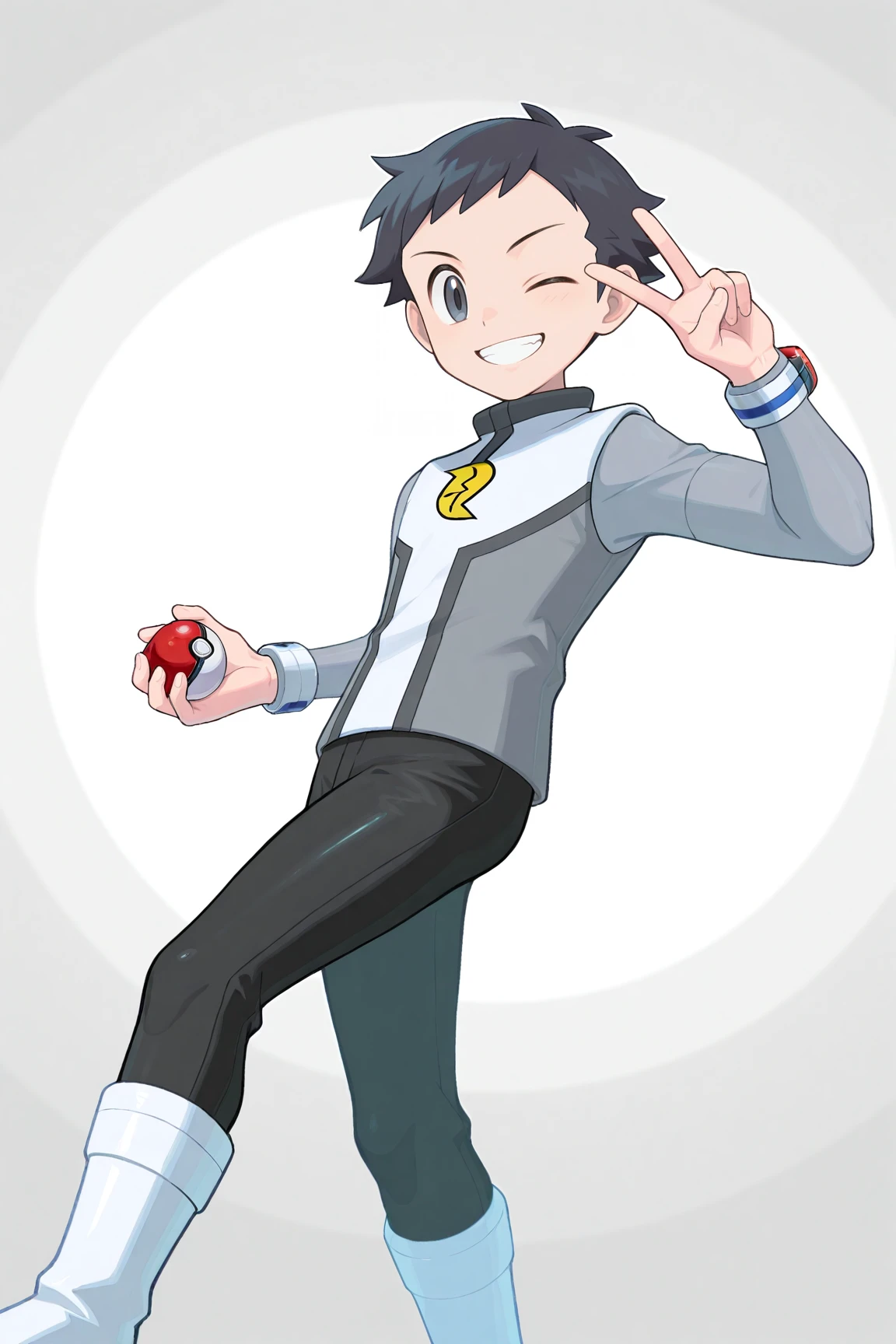 high resolution, ultra-detailed, absurdres, newest, scenery, depth of field, detailed background, very awa, shiny skin, volumetric lighting, intricately detailed illustration,
lucas_gala, black hair, grey eyes, grey shirt, two-tone vest, black pants, white boots, holding, poke ball, holding poke ball, poke ball (basic), male focus, 1boy, solo, smile, one eye closed, v, teeth, looking at viewer, grin, long sleeves