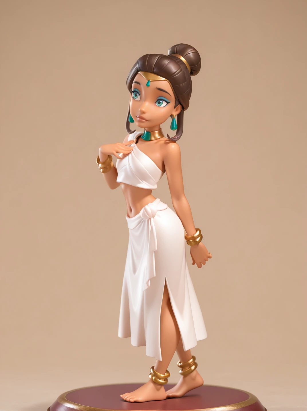 highres, hi res, best quality, masterpiece,
1girl, (PortiaXL:1.1), green hair, hair bun, dark skin, brown hair, jewelry, earrings, choker, makeup, white shirt, single bare shoulder, navel, midriff, white skirt, bracelet, anklet, egyptian clothes,
simple background, full body, one hand at side, one hand on chest, from side, on base, head tilt,
<lora:APortia_character:0.7>,, <lora:ill-xl-01-pvc_2:0.85>