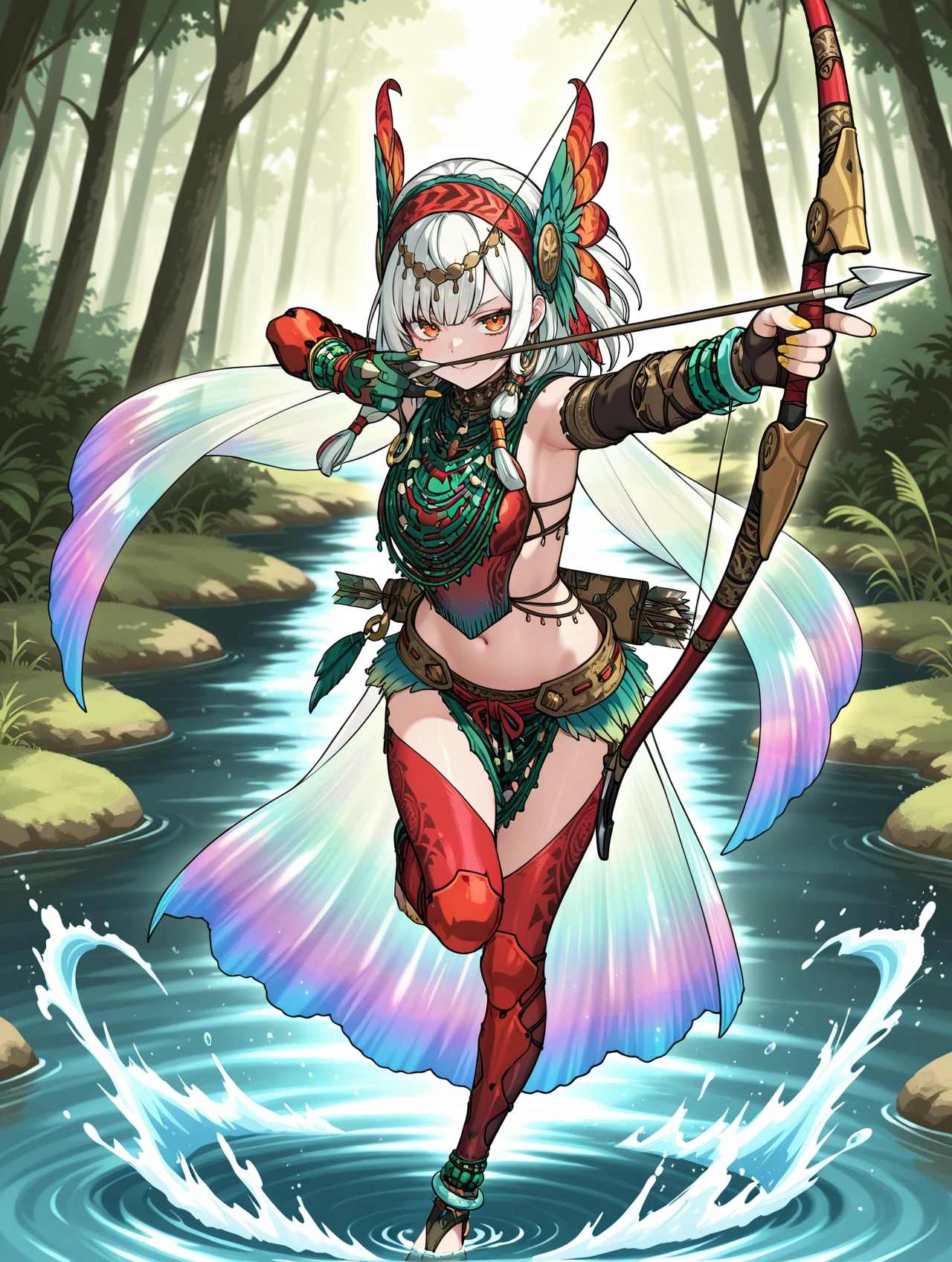 uth duna armor, 1girl, orange eyes, yellow nails, standing on one leg, fighting stance, white hair, aiming at viewer, holding bow \(weapon\), bow \(weapon\), arrow \(projectile\), water, orange feather headdress, green loincloth, orange halterneck, orange toeless legwear, orange asymmetrical gloves, see-through waist cape, see-through long sleeves, tribal earrings, full body,drawing bow, smug
masterpiece,best quality,amazing quality,very aesthetic,absurdres,newest,<lora:Uth Duna Armor illuXL v1.4:0.77>,<lora:wai-2Rectified-V140:0.7>,