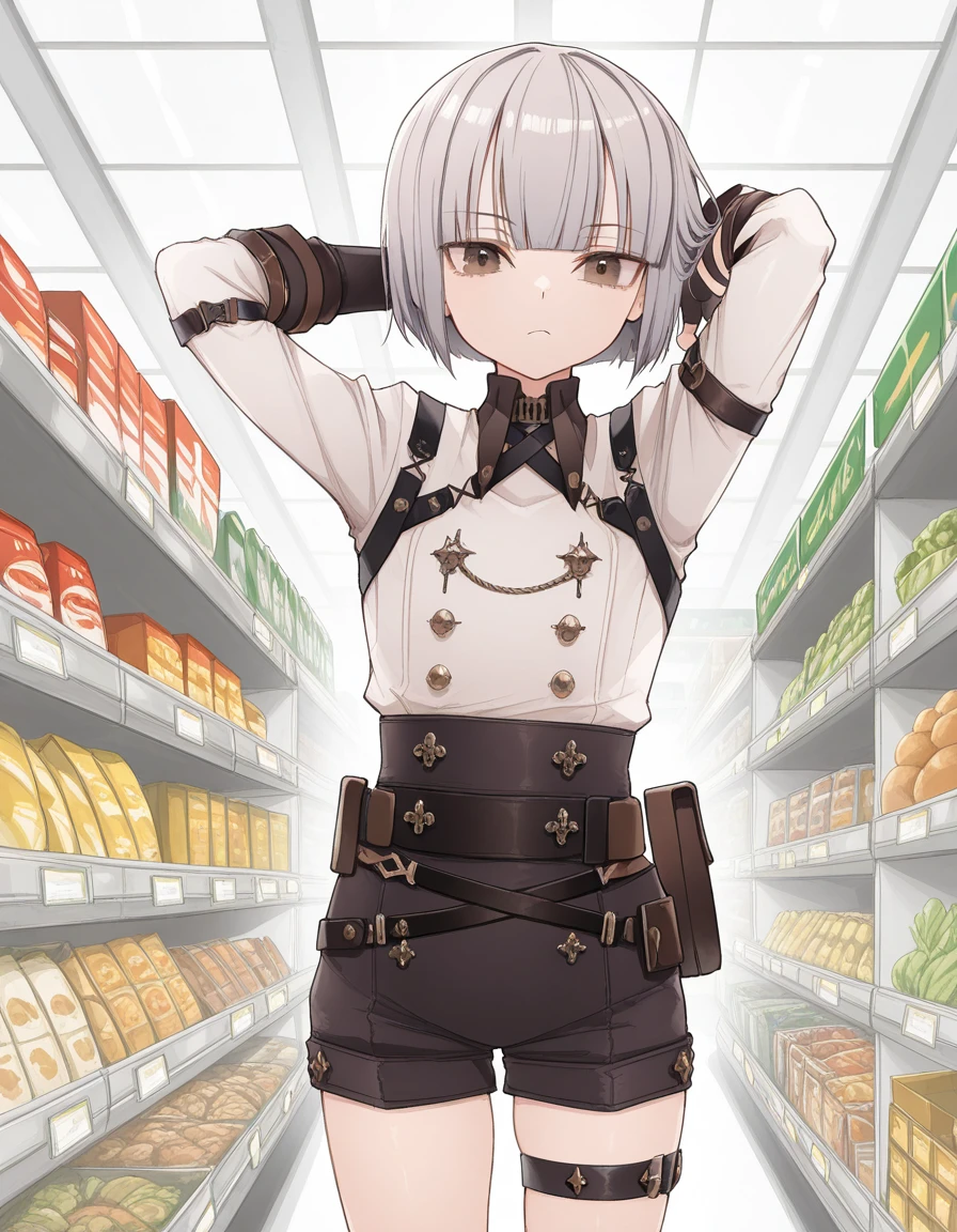 masterpiece, best quality, amazing quality,, <lora:towatsugai-suzume-illustriousxl-lora-nochekaiser:1>, suzume, short hair, bangs, brown eyes, grey hair, androgynous,, shirt, gloves, long sleeves, white shirt, shorts, black gloves, collared shirt, belt, fingerless gloves, thigh strap, black shorts, single glove, hands behind head,, supermarket, aisles, shopping, food, shelves, cowboy shot, solo, looking at viewer