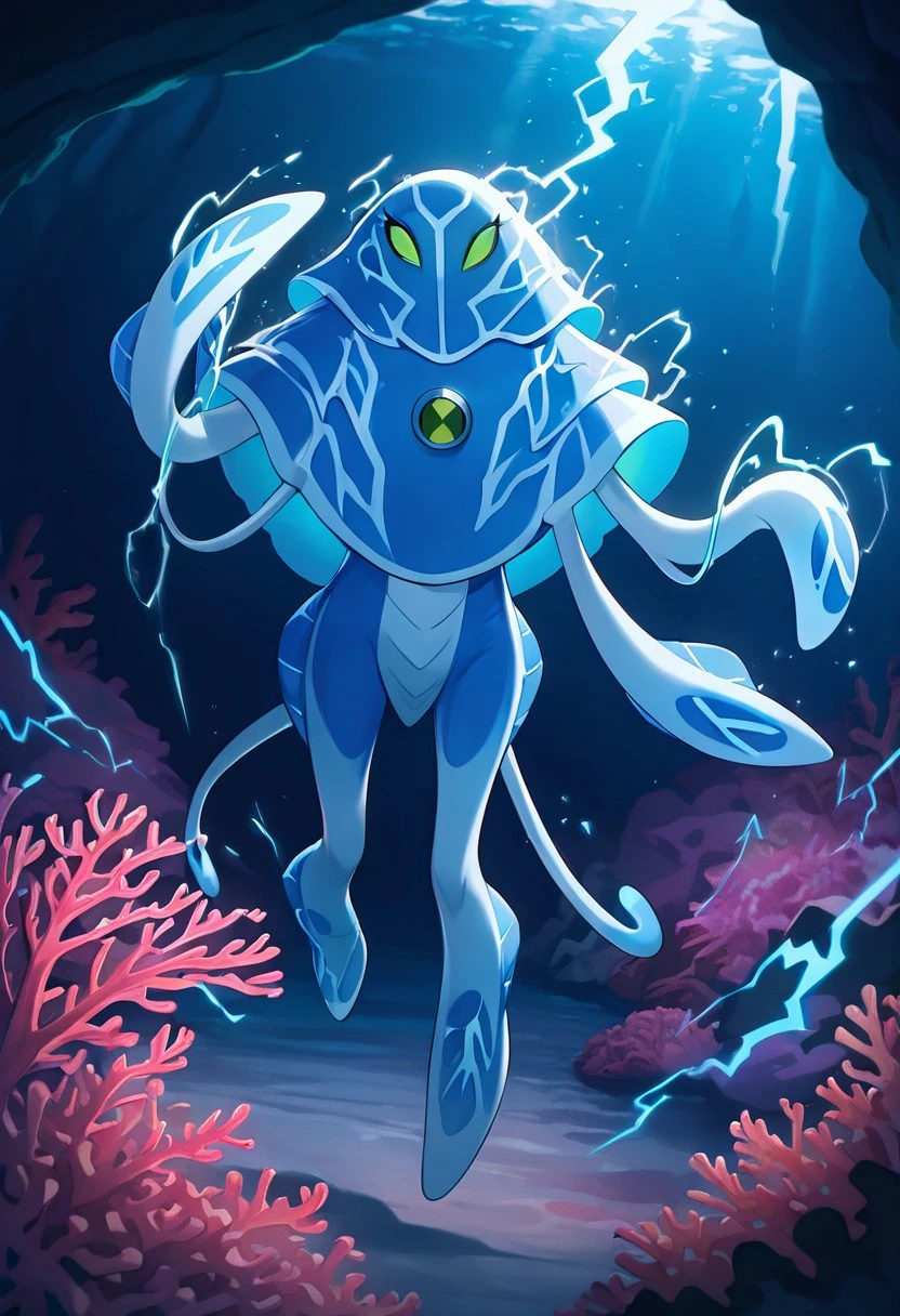 masterpiece, best quality, amazing quality, very aesthetic, absurdres, newest,, detailed background, 
 ampfibian, full body, pokemon (creature), no humans, colored sclera, green eyes, blue skin, tentacles, extra eyes, colored skin, squid, jellyfish,   no mouth, 
detailed background, underwater, electricity, blue electricity, lightning, coral reefs, dynamic pose,