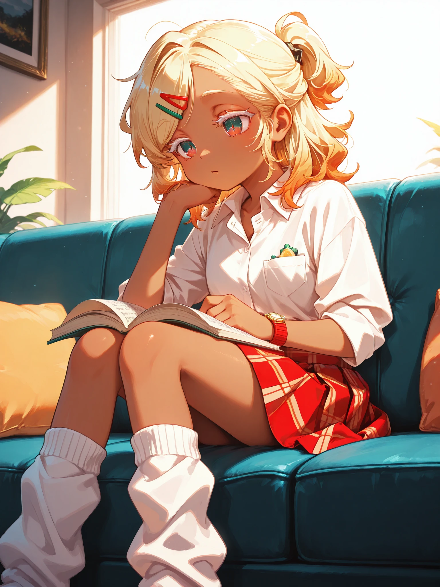 <lora:PizzaCR2XL:1>, PCo_CR, 1girl, dark skin, medium hair, hairclip, two-tone eyes, wristwatch, on couch, half updo, ponytail, white shirt, collared shirt, plaid skirt, red skirt, loose socks, white socks, bored, reading, 
<lora:cfg_scale_boost:0.5> [lazypos], <lora:spo_sdxl_10ep_4k-data_lora_webui:0.4> <lora:retrocute:1>, white eyelashes, <lora:omoyunakyu715-_style_Illustrious:0.3> omoyu_nakyu715, looking at watch,