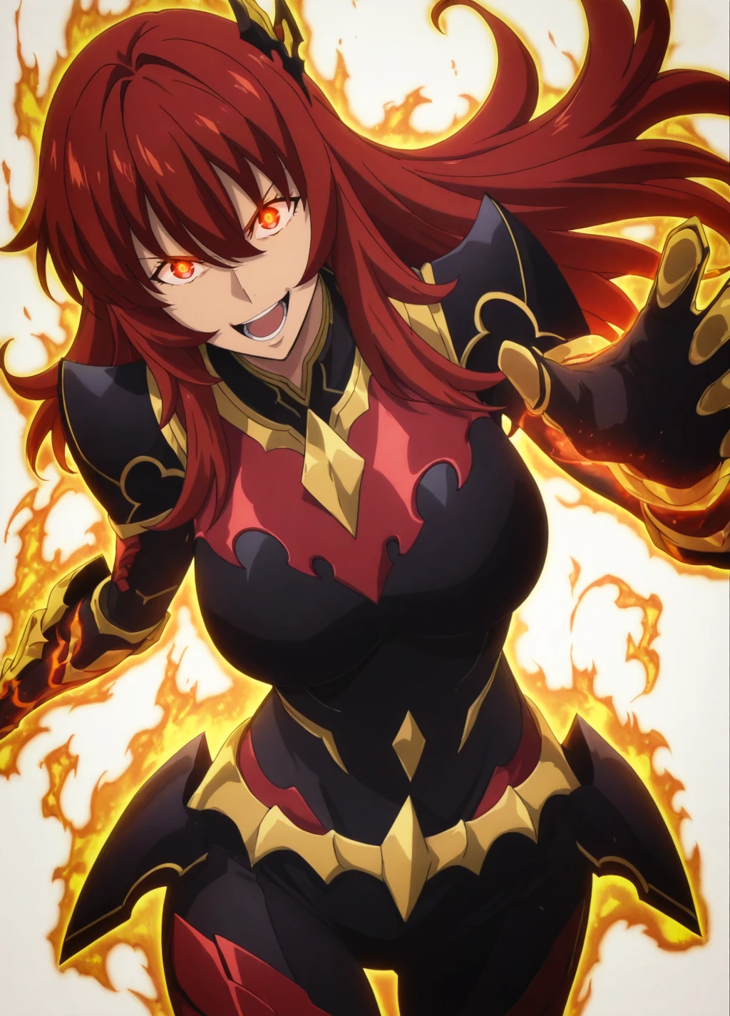 (simple background, white background),
anime screencap,anime coloring,
dynamic pose, fighting stance,
(masterpiece, best quality:1.2),
hair ornament,
<lora:Baek_Miho:0.8>, miho1, 1girl, solo, long hair, red hair, armor, bodysuit, parted lips, breasts, red eyes,large breasts, smile, hair between eyes, shoulder armor,gauntlets,open mouth, screaming,
cowboy shot,
glowing eyes, orange aura, fire, magic,
<lora:add-detail-xl:1>,