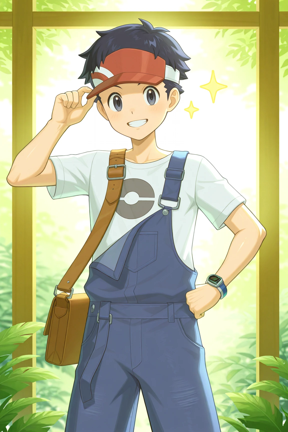 high resolution, ultra-detailed, absurdres, newest, scenery, depth of field, detailed background, very awa, shiny skin, volumetric lighting, intricately detailed illustration,
lucas_overalls, black hair, grey eyes, red visor cap, white shirt, blue overalls, 1boy, male focus, smile, solo, hand on hip, shoulder bag, hand up, looking at viewer, teeth, grin, sparkle, hand on headwear, shoulder bag