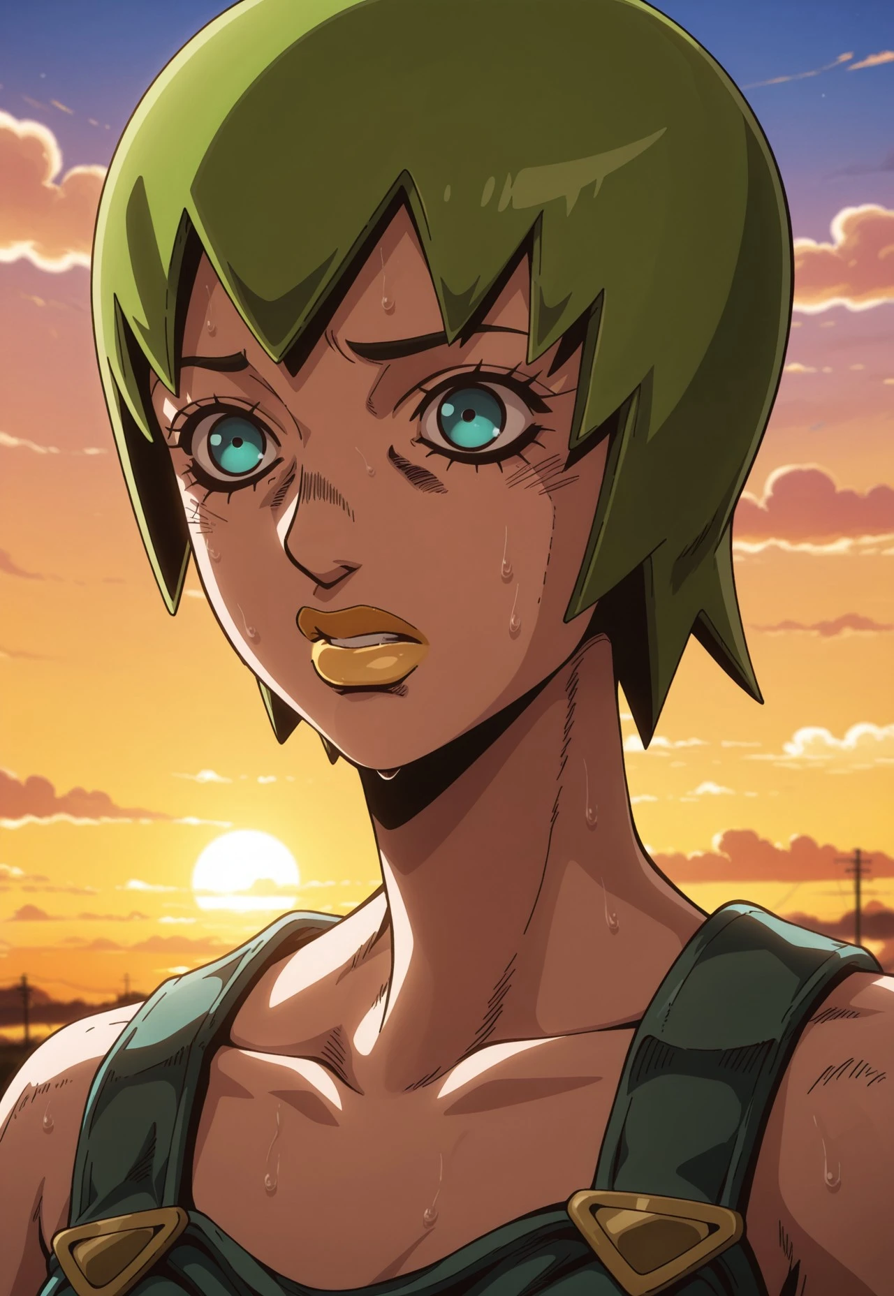 (masterpiece, amazing quality, best quality, anime coloring, detailed),very aesthetic, illustration, perfect composition, intricate details, absurdres, incredibly absurdres, (((1girl, solo, FooFighters, Green Hair, Short Hair, Cyan Eyes, Yellow Lipstick, Teal Overalls, Gold Buttons, perfect face, detailed eyes))), very close-up, innocent eyes, nervous, sweat, face focus, sky, sunset, clouds, Original Style