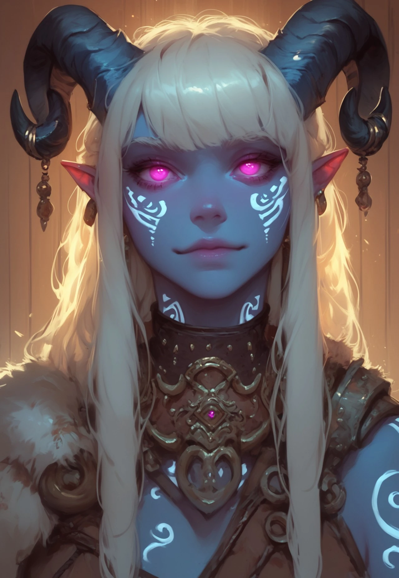 score_9, score_8_up, score_7_up, score_6_up, VitWaterStyle, 1girl, portrait, beautiful, tiefling shaman, white hair, (long hair:1.3), side bangs, horns, barbarian, gladiator, war paint, tribal markings, long tail, blue skin, pink eyes, glowing eyes, (smug:0.85), dramatic lights, detailed, sharp lines, dynamic, detailed drawing, Glo3w