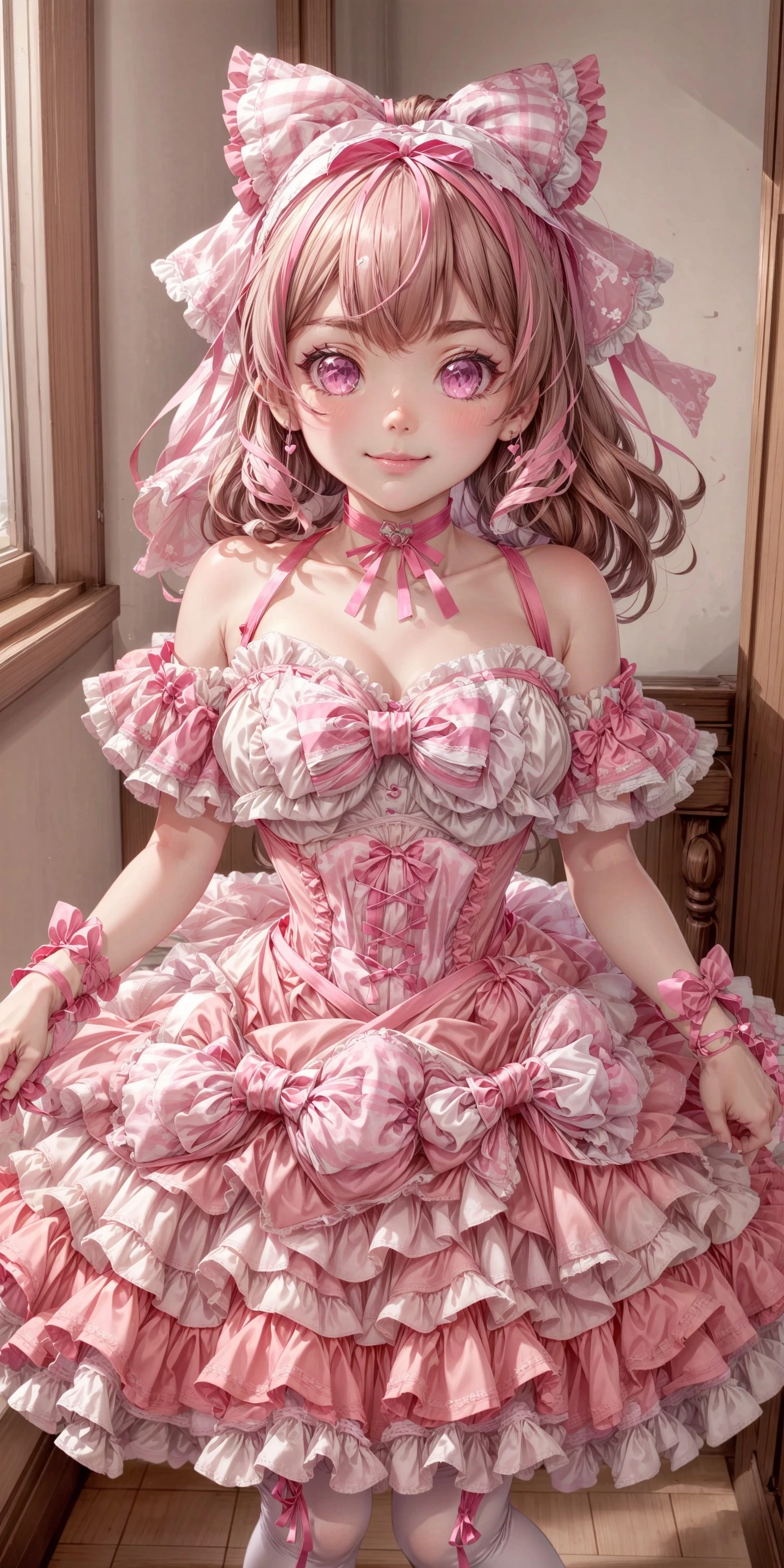 (fullbody, front facing, facing viewer) 1girl, big sparkling eyes, blush, smile, hot pink and light pink basque waist strapless sleeveless dress, dress, strapless, sleeveless, hot pink and light pink lace-trimmed large chest ribbon, pastel pink and white plaid print bodice, plaid, plaid print, plaid print bodice, buttons, dark pink buttons, basque waist, brooch, waist ornament, waist ornaments, hot pink padded heart waist ornaments, waist ribbons, hot pink waist ribbons, light pink plaid frills, hot pink ruffles, white lace, white dainty lace trim, light pink and hot pink attached layered ribboned skirt, bow skirt, hot pink hip_ribbons, bows, frilled bows, lace-trimmed bows, pink bows, hot pink bows, hot pink crisscross ribbon choker, ribbon choker, <lora:more_details:0.7>, <lora:scene_:0.5>, <lora:FashionComplexityEnhancerLORAv1:0.4>, <lora:69e30a8d-7acf-4040-9a0d-d43fc5efe66c:0.6>, <lora:1d8f3a77-4dbe-43e0-9bc8-a0bbcf6a7016:0.4>, <lora:96073874-f082-4683-942e-601cecac5c40:0.3>, <lora:f7d08feb-f21d-42d0-9ef1-a9481867524d:0.3>, <lora:5844635f-c9c3-4f9e-85c4-d0d40f201159:0.3>, , ,