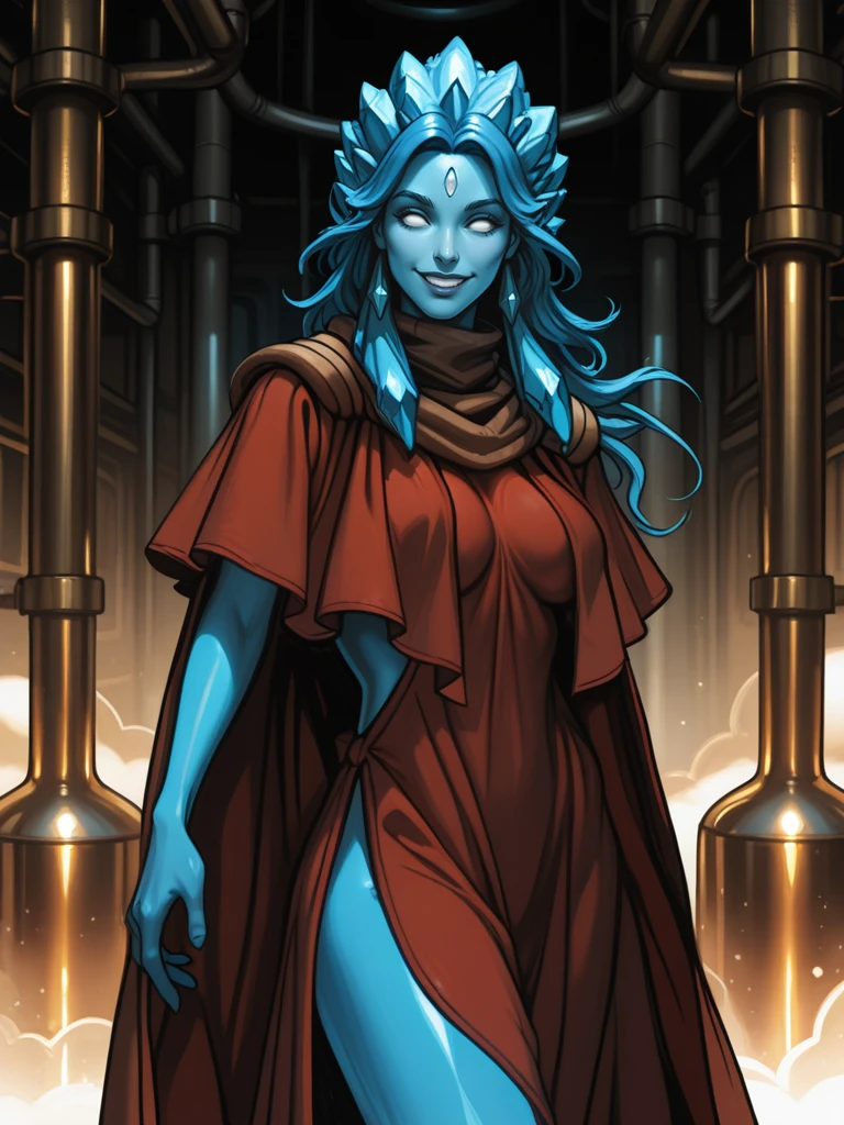 <lora:Thousand-Faceted_Nelumbo__Exalted:0.7>
nelumboexalted,,colored skin, blue skin, white eyes, no pupils,long hair, blue hair,,forehead mark,forehead jewel,jewelry,,cape
solo
standing in a factory, looking at viewer, cowboy shot, smiling