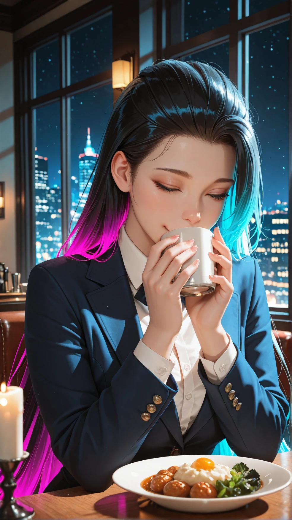 1girl, ç¾é£è©è«å®¶: tailored blazer, holding a notebook, seated at a candlelit restaurant table, gourmet dish plated elegantly, city skyline through window, poised posture tasting a dish,Rinnegan,滿èç¬å®¹æèè¶³è¹dancing lightly, hands in the air, cheerful steps, carefree joy, lazypos,photorealistic,realistic,soft light,emotional expression,realistic shadows,erotic tension,digital painting,cel-shading,(masterpiece:1.2),(best quality:1.1),amazing quality,absurdres,ultra detailed,8k,ray tracing,very aesthetic,volumetric lighting,newest,anthro,detailed face eyes and fur,uncensored,, (perfect face,detailed face,perfect eyes,detailed eyes,beautiful detailed eyes:1.2), the perfect hand,detailed hands,perfect feet,detailed feet,accurate body proportions,, has a short, slicked-back, jet black hairstyle with a sharp part.,absurdly long hair,gradient hair,neon hair,glowing,glowing hair,neon glow,ethereal,shadow,light particles,