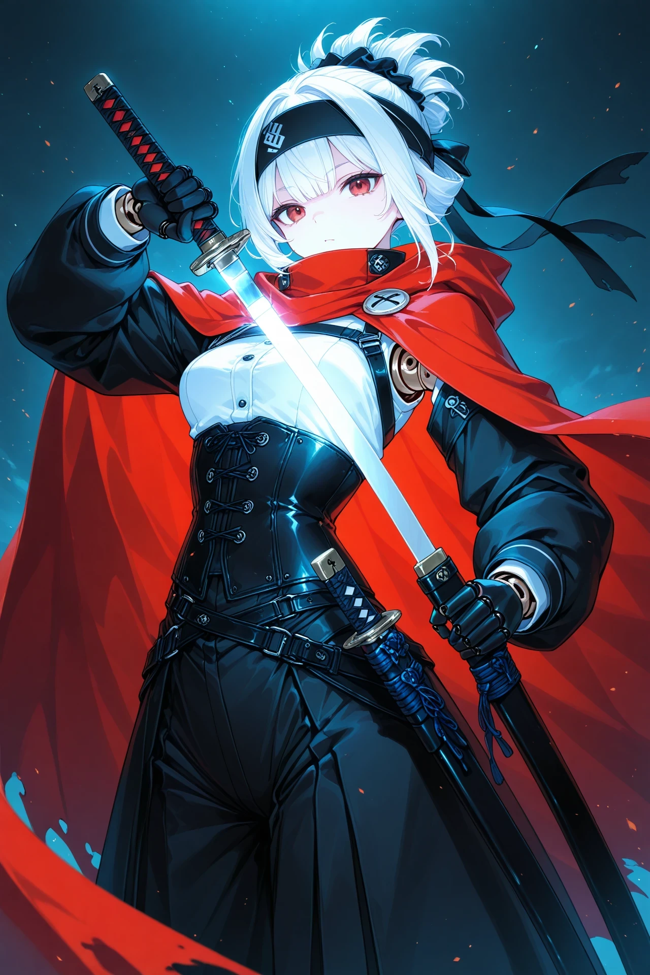1girl, solo, dynamic,
black gloves, cape, corset, katana, sword, updo, unsheathing, gloves, sheath, w, joints, weapon, headband, black headband,
doll joints, white hair, red cape, masterpiece, best quality