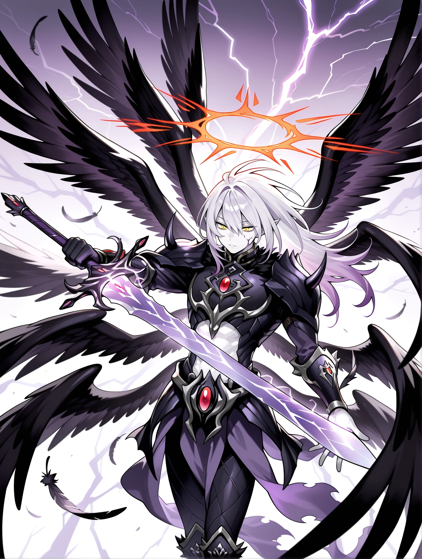1boy, the first darklord, male focus, solo, purple sword, white skin, lightning, red halo, holding purple sword, angel, glowing, black angel wings, black armor, black breastplate, black pauldrons, black vambraces, purple pelvic curtain, multiple wings, black feather
masterpiece,best quality,amazing quality,very aesthetic,absurdres,newest,<lora:The first DarkLord illusXL v1:0.77>,<lora:wai-2Rectified-V140:0.7>,
