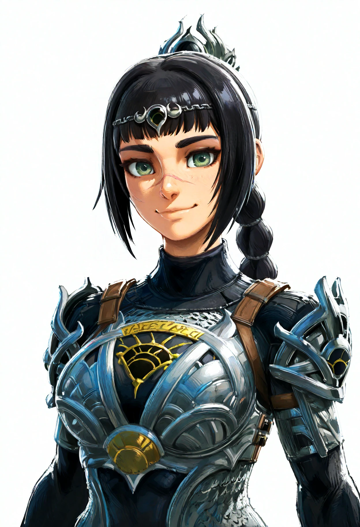 best quality, amazing quality, very aesthetic, absurdres,
botw,
1girl, solo, shadowheart, black hair, braided ponytail, green eyes, scar on face, circlet, armor, large breasts,
smile, looking at viewer, upper body, simple background, white background, <lora:ShadowHeartIllustrious_byKonan:0.8>,, <lora:BOTWv4Noob_byKonan:1>
