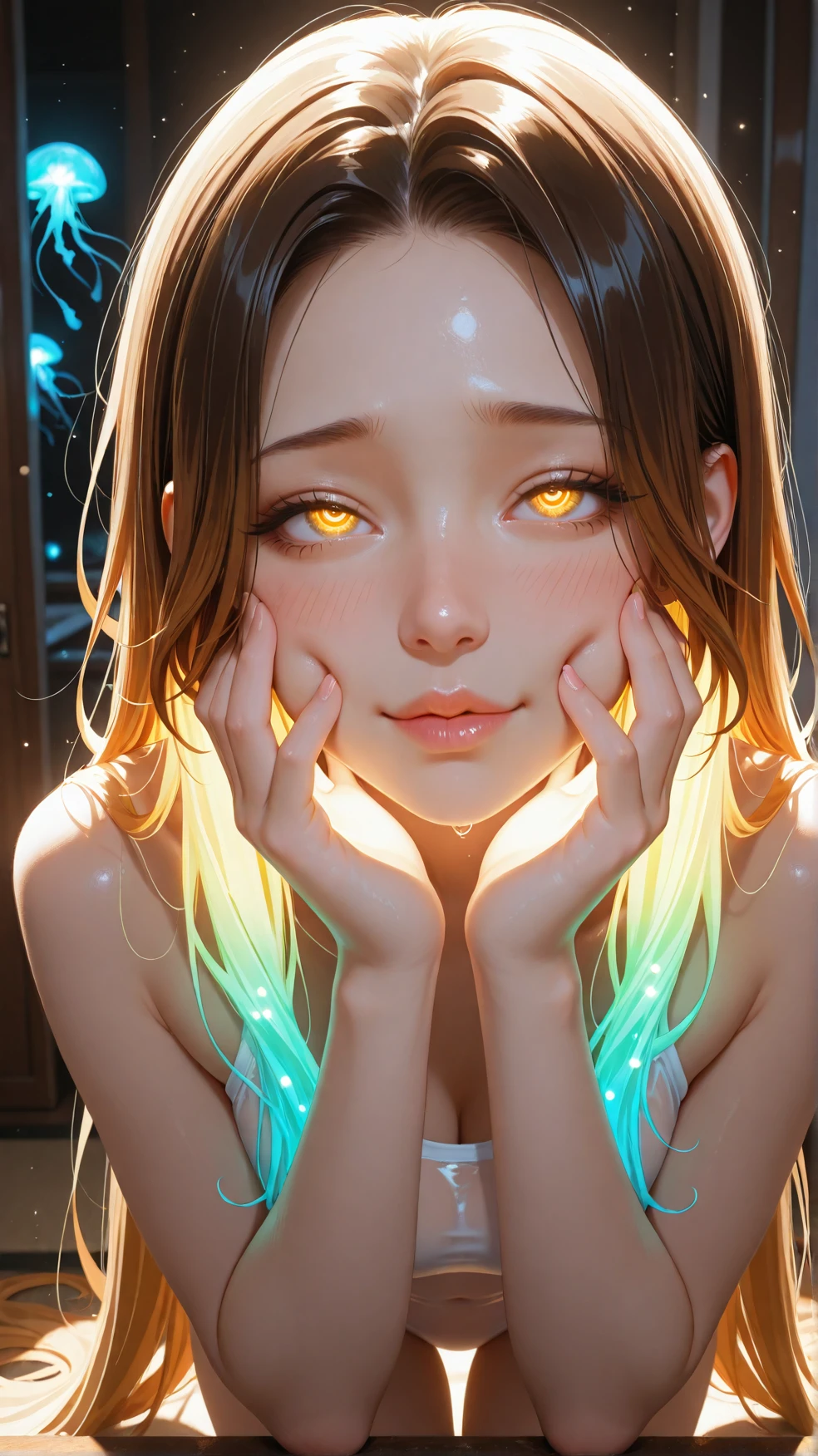 1girl, æ°´æé¤¨å°è¦½å¡: wet see-through swimsuit, jellyfish light glow, body pressed to glass, sea creatures in background,@ @,ææ±èé °ç¼ççç¬hands cupping cheeks, squinting eyes, shy giggle, lips curled, lazypos,photorealistic,realistic,soft light,emotional expression,realistic shadows,erotic tension,digital painting,cel-shading,(masterpiece:1.2),(best quality:1.1),amazing quality,absurdres,ultra detailed,8k,ray tracing,very aesthetic,volumetric lighting,newest,anthro,detailed face eyes and fur,uncensored,, (perfect face,detailed face,perfect eyes,detailed eyes,beautiful detailed eyes:1.2), the perfect hand,detailed hands,perfect feet,detailed feet,accurate body proportions,, hair is long, wavy, and caramel brown with highlights.,absurdly long hair,gradient hair,neon hair,glowing,glowing hair,neon glow,ethereal,shadow,light particles,