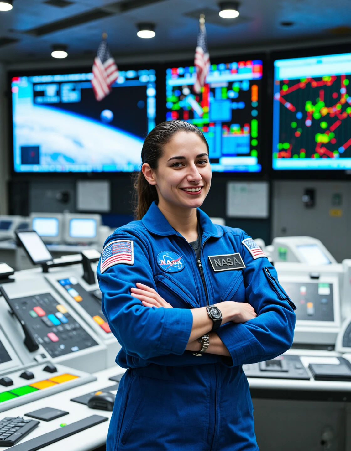 A photorealistic professional portrait of a female astronaut in a mission control environment. She stands with arms crossed, wearing a crisp blue NASA jumpsuit covered in mission insignia and a visible name patch. Her skin is medium in tone, her dark brown hair pulled back into a tidy ponytail. Her calm, determined expression matches the intensity of the large mission screens behind her — one showing Earth’s orbit, another tracking spacecraft telemetry. She wears a slim black wristwatch, and the cool LED glow reflects off the brushed metal consoles around her. A subtle American flag hangs in the backdrop.
(activation: masterpiece, photorealistic, mission control, female astronaut, cinematic studio light, NASA environment)
