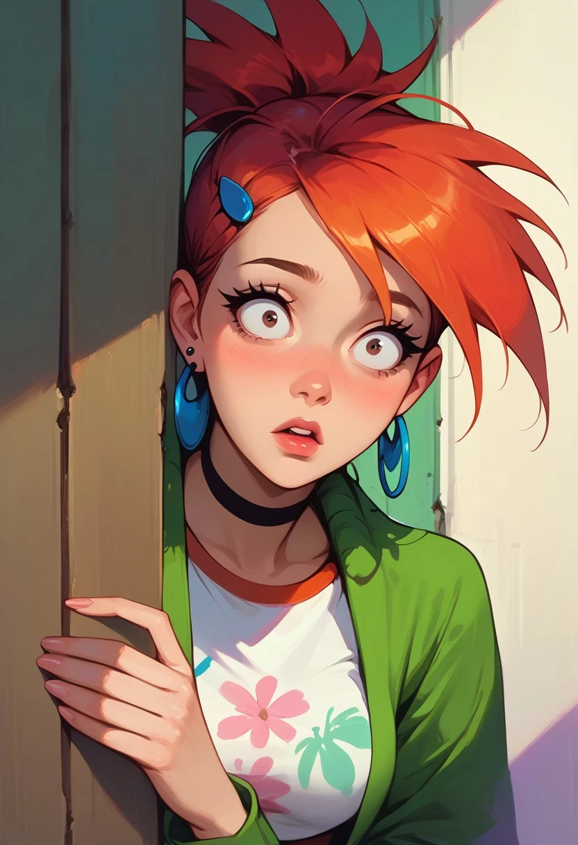 score_9, score_8_up, score_7_up, score_6_up, score_5_up, score_4_up, realistic, beautiful eyes,
1girl, Frankiefoster (/FHfIF)/,(ultra HD quality details), ponytail, hair ornament, earrings, black choker, shirt, green jacket, midriff, purple skirt, small breasts, narrow waist, wide hips, skinny,
mouth opened, hiding, focusing on colorful beetle, hiding behind wall, upper body, peeking out