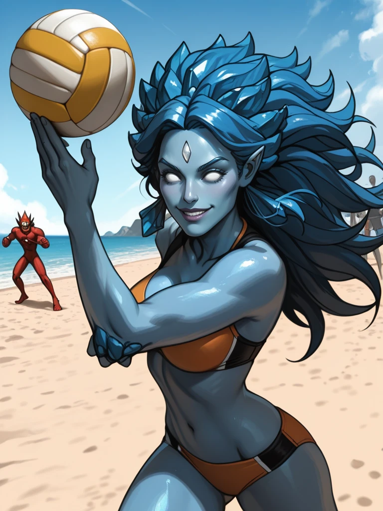 <lora:Thousand-Faceted_Nelumbo__Exalted:0.7>
nelumboexalted,,colored skin, blue skin, white eyes, no pupils,long hair, blue hair,,forehead mark,forehead jewel,jewelry,,
playing beach volleyball, on a beach, spiking the ball, smiling, sports, action shot