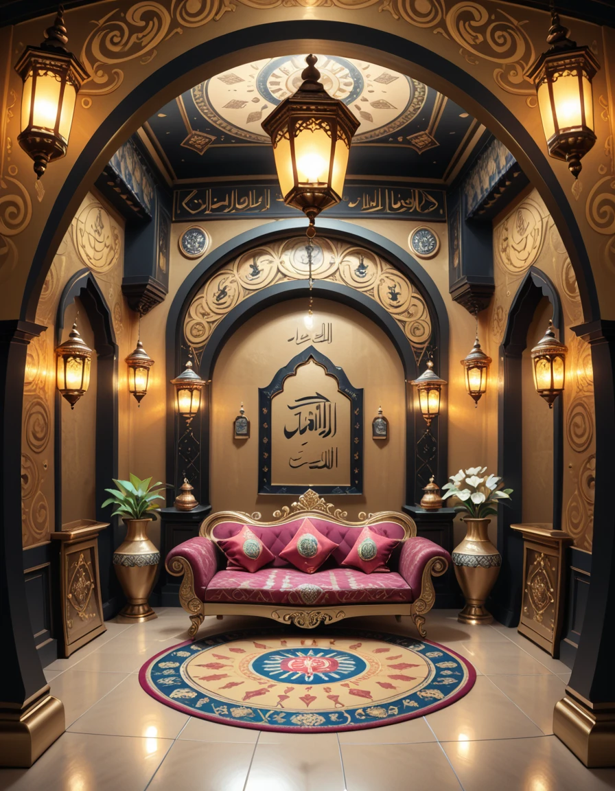 The interior of a genieâs lamp, imagined as a luxurious, mystical chamber with ornate Arabian decor. The space is curved and enclosed, with golden walls engraved with swirling patterns and ancient calligraphy. Rich fabrics in deep reds and purples drape from the ceiling and line the walls. A low, jewel-encrusted divan with embroidered cushions sits at the center on a circular mosaic floor. Hanging lanterns cast a warm, magical glow, reflecting off the golden surfaces. Incense burners rest in the corners, and the air seems to shimmer with enchantment. No characters are present.genie lamp 1nt3r10r, <lora:genie_lamp_1nt3r10r-p:1>,score_9, score_8_up, score_7_up,amazing quality, ultra realistic, 3D, HD, best quality, amazing quality, very aesthetic, absurdres,