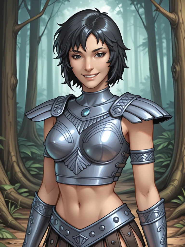 <lora:Lilith__Exalted:0.7>
lilithexalted,,short hair, black hair,black eyes,,armlet,,armor, midriff,,
standing in a forest, looking at viewer, smiling