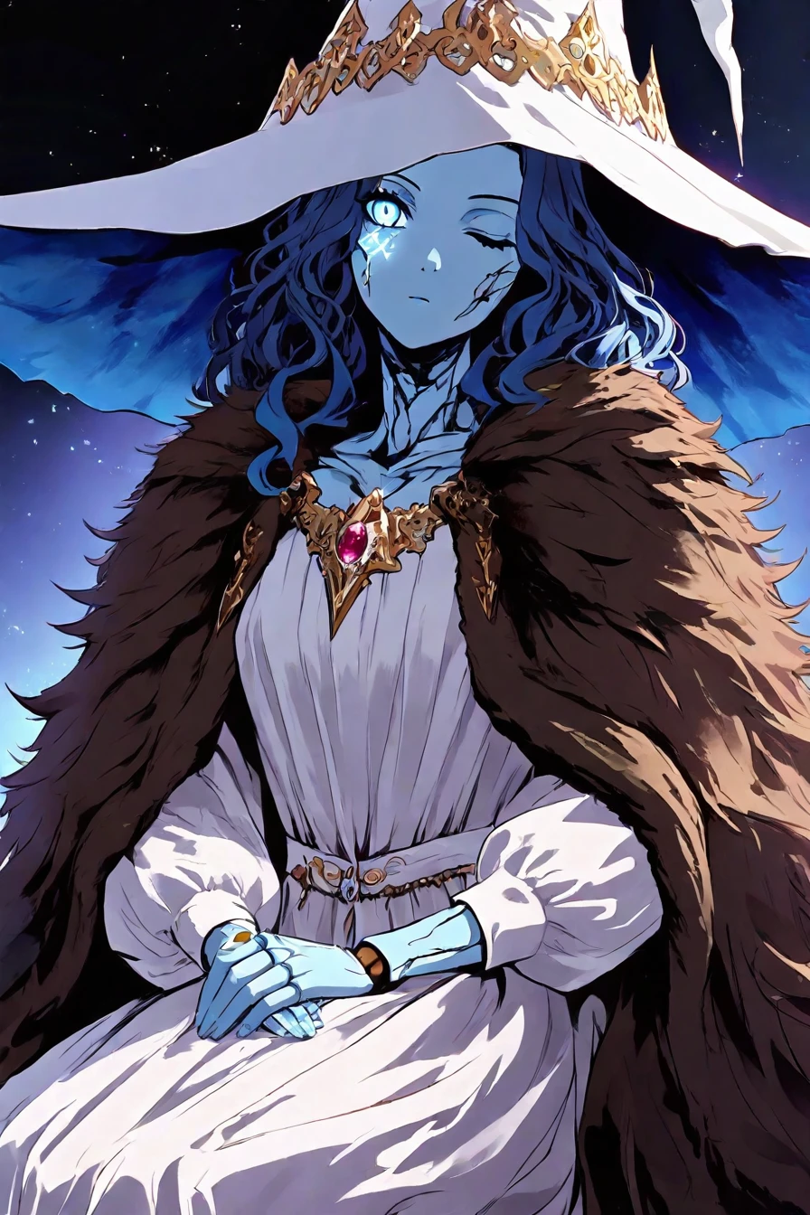 <lora:Ranni_illusXLNoobAI_Incrs_v1:0.4> RnnDef, blue eyes, one eye closed, blue hair, wavy hair, blue skin, colored skin, cracked skin, doll joints, witch hat, large hat, white headwear, white dress, long sleeves, fur cloak, brown cloak, 1girl,solo, alone, <lora:dark_fantasy_epic_illustriousXL_by_zura_janai-000029:1>, dark_fantasy_epic, dark fantasy, masterpiece, highres
