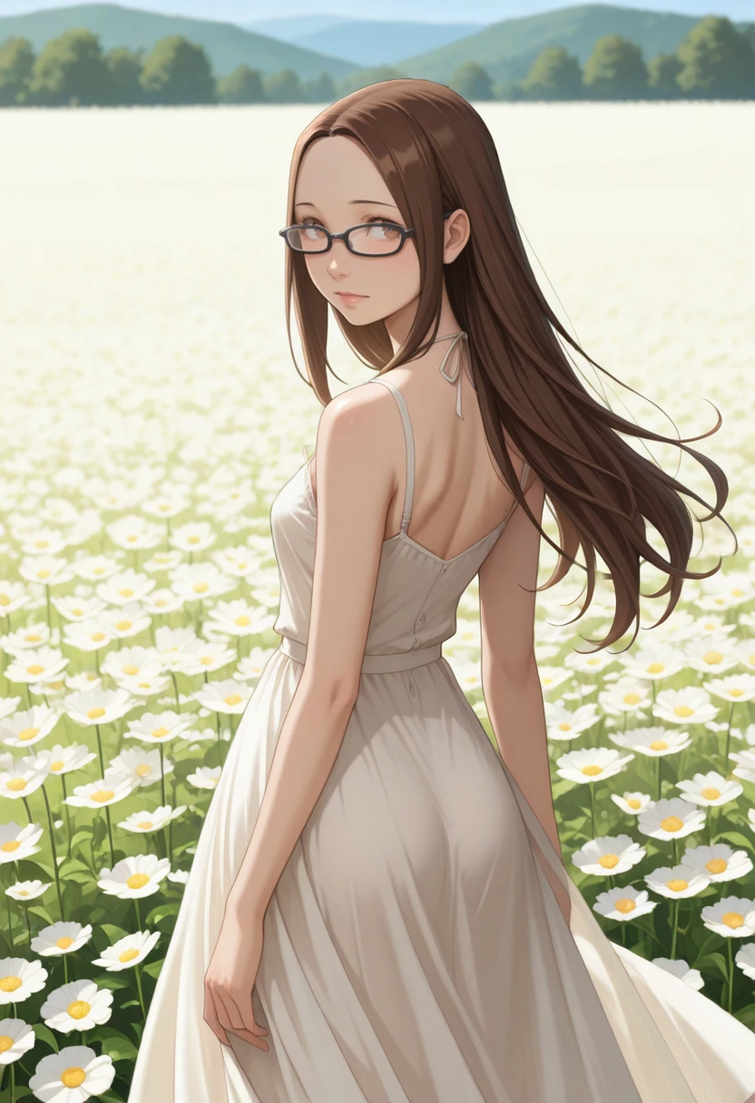 masterpiece, very aesthetic, best quality, absurdres, newest, solo,
<lora:ILP4Chihiro:1>
P4Chihiro, 1girl, brown hair, long hair, brown eyes, glasses, standing in a field of flowers, from behind, looking back, flowing clothes, wind