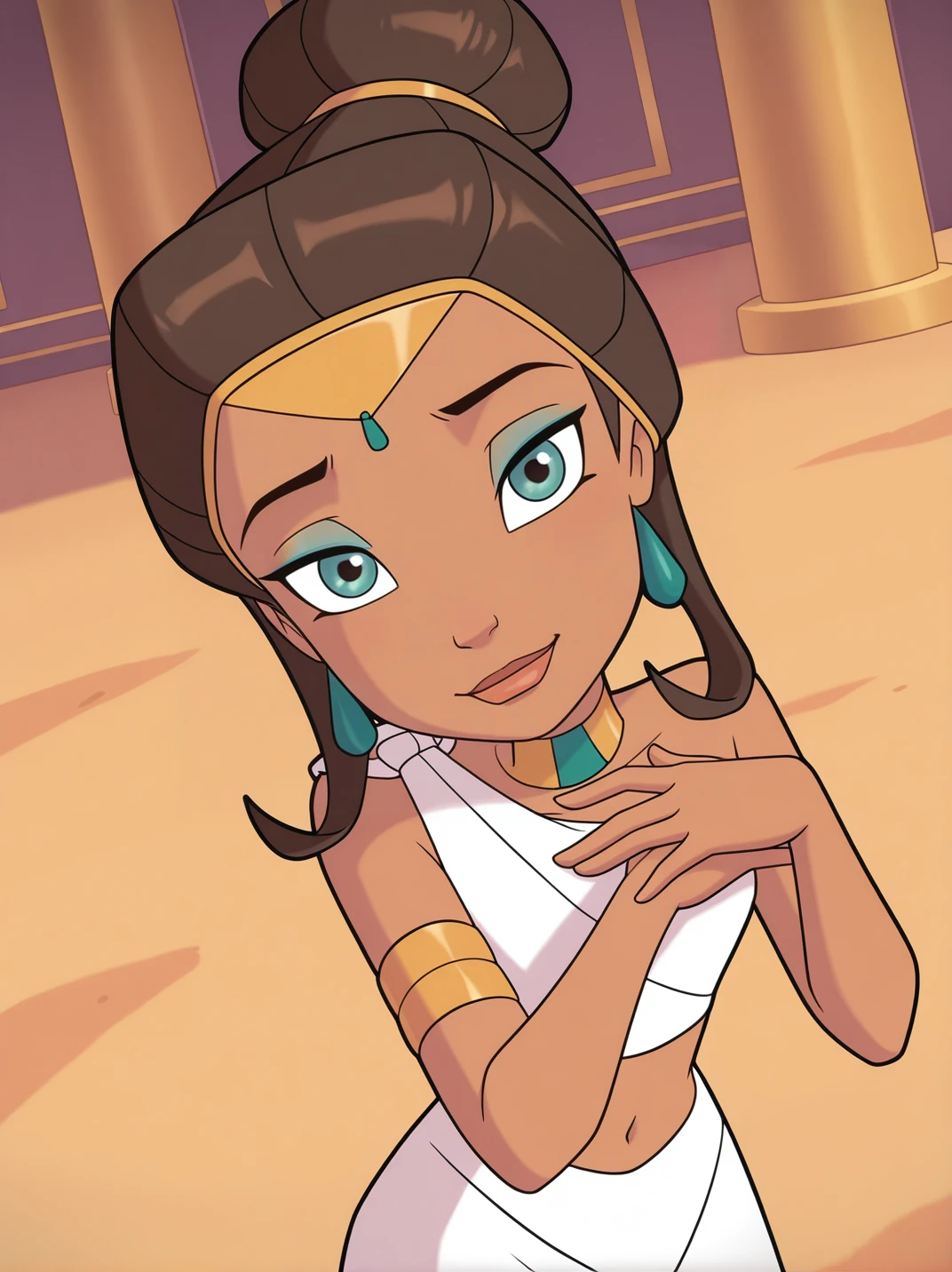 (screencap:1.1), official style,
1girl, (PortiaXL:1.1), green hair, hair bun, dark skin, brown hair, jewelry, earrings, choker, makeup, white shirt, single bare shoulder, navel, midriff, white skirt, bracelet, anklet, egyptian clothes,
smile, dutch angle, naughty pose, looking at viewer, hands on chest, from above, solo, dynamic pose, cowboy shot, head tilt, sexually suggestive, desert, palace, indoors,
<lora:APortia_character:1>
