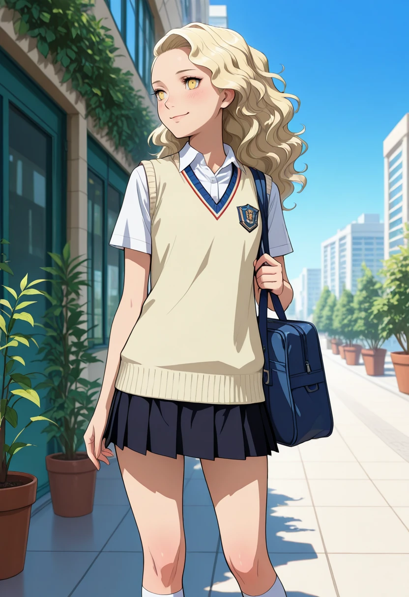 masterpiece, very aesthetic, best quality, absurdres, newest, solo,
<lora:ILP4Margaret:1>
P4Margaret, 1girl, yellow eyes, wavy hair, long hair, pleated skirt, outdoors, school uniform, smile, school bag, white socks, white shirt, short sleeves, day, black skirt, kneehighs, closed mouth, standing, building, blush, blue sky, sweater vest, collared shirt, potted plant, miniskirt, looking to the side