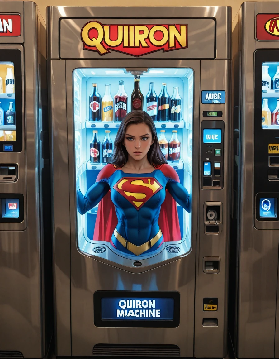 anime artwork masterpiece, best quality, <lora:VendingMachineQuiron_illus:1> vendingMachineQuiron , trapped inside a teal vending machine, stuck in object, stuck, public use, a beige vending machine , beer, soda, soft drinks, glass of beer, beer bottle, wine bottle, , trapped inside, , solo, Superman (DC Comics): Superman's blue suit, red cape, and "S" emblem make him a legendary superhero character to cosplay., . anime style, key visual, vibrant, studio anime, highly detailed