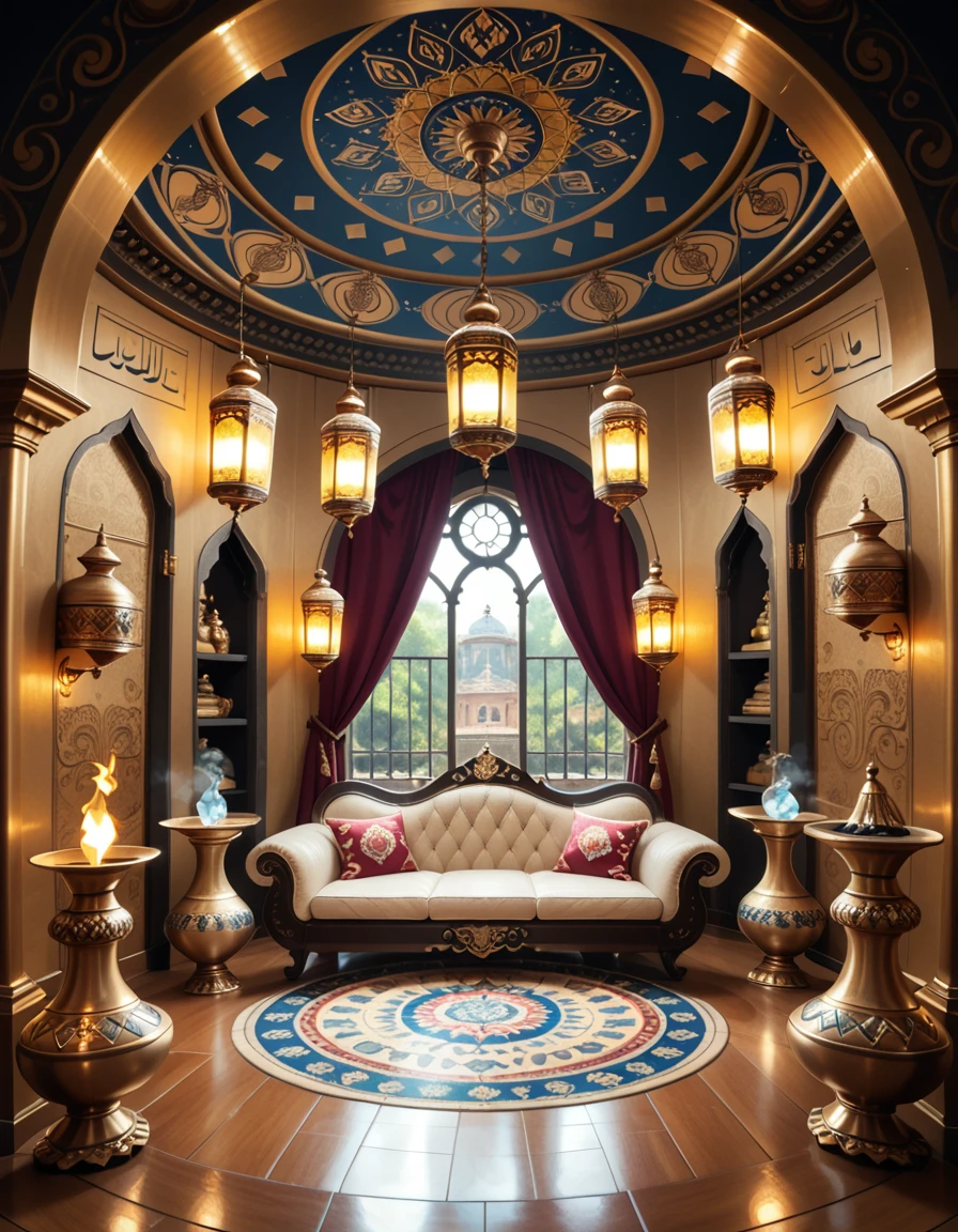 The interior of a genieâs lamp, imagined as a luxurious, mystical chamber with ornate Arabian decor. The space is curved and enclosed, with golden walls engraved with swirling patterns and ancient calligraphy. Rich fabrics in deep reds and purples drape from the ceiling and line the walls. A low, jewel-encrusted divan with embroidered cushions sits at the center on a circular mosaic floor. Hanging lanterns cast a warm, magical glow, reflecting off the golden surfaces. Incense burners rest in the corners, and the air seems to shimmer with enchantment. No characters are present.genie lamp 1nt3r10r, <lora:genie_lamp_1nt3r10r-p:1>,score_9, score_8_up, score_7_up,amazing quality, ultra realistic, 3D, HD, best quality, amazing quality, very aesthetic, absurdres,