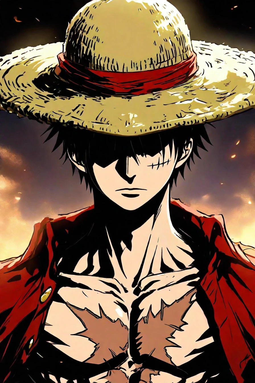 <lora:LUFFY_pony_XL:0.6>, Luffy, red jacket, scar on chest, straw hat, black hair, 1boy, solo, alone, <lora:dark_fantasy_epic_illustriousXL_by_zura_janai-000029:1>, dark_fantasy_epic, dark fantasy, masterpiece, highres
