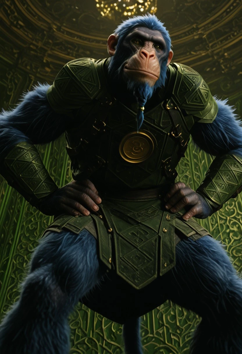 chistery_wicked, 1boy, male ape, furry, blue fur, scarred face, ape ears, blue hair, green and orange eyes (heterochromia), short braided beard, blue wings, long blue tail, green armor (golden plate on chest), green bracers,
score_9_up, score_8_up, score_7_up, BREAK, solo, looking at viewer, cute, smirk, from below, hands on hips, head tilt, ultra detailed, detailed background, masterpiece, best quality, 8k, Expressiveh, realistic, 3d, green palace,