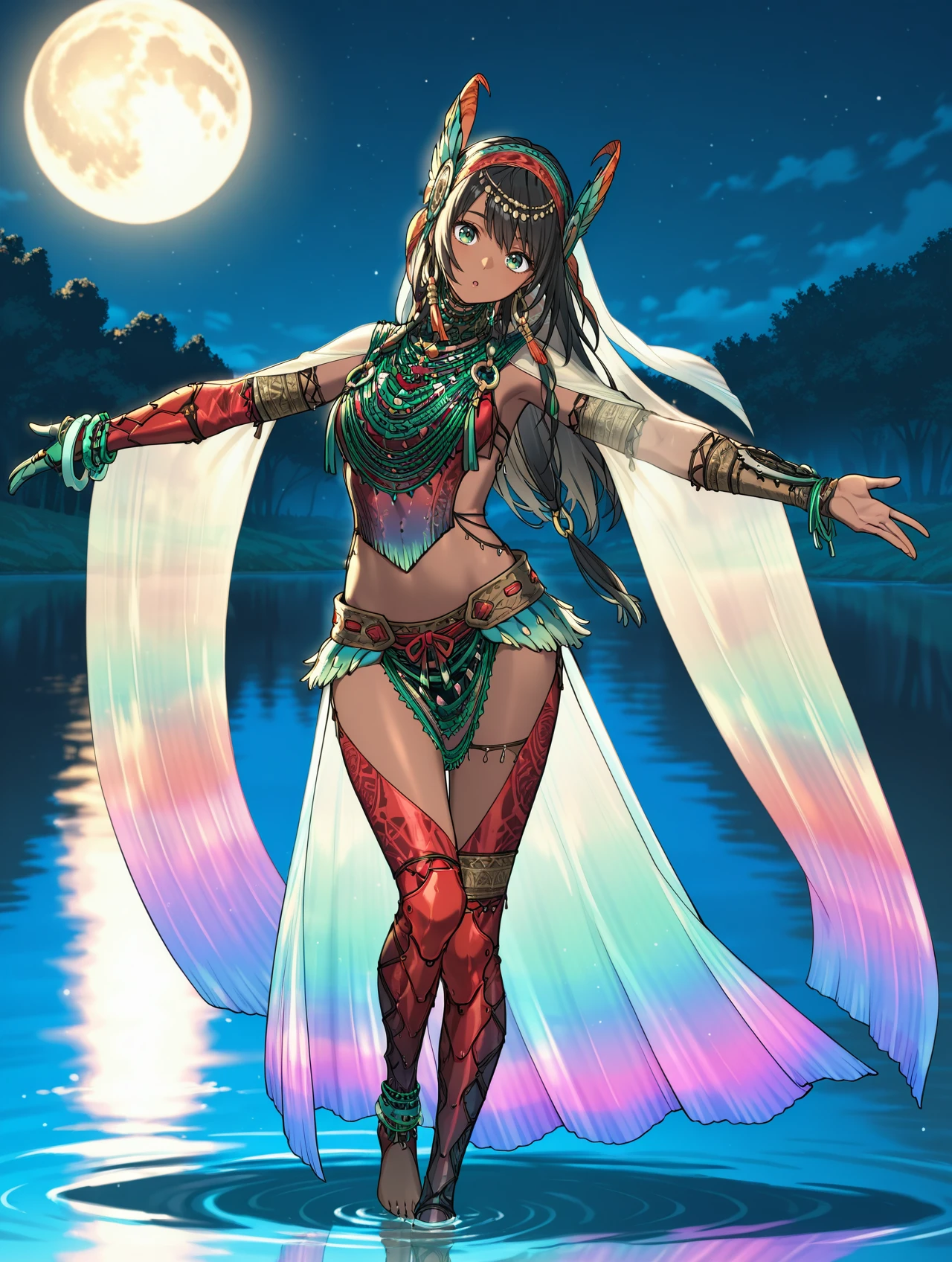 uth duna armor,solo,dark-skinned female,covered navel,green eyes,black hair,barefoot,long hair,standing,looking at viewer,:o,dancing,standing,1girl,orange feather headdress,orange halterneck,orange asymmetrical gloves,green loincloth,orange toeless legwear,see-through waist cape,see-through long sleeves,tribal earrings,wading,lake,leaning to the side,veil,:o,knee up,outstretched arms,head tilt,light smile,night sky,moon, light rays, reflection,
masterpiece,best quality,amazing quality,very aesthetic,absurdres,newest,<lora:Uth Duna Armor illuXL v1.4:0.77>,<lora:wai-2Rectified-V140:0.7>,