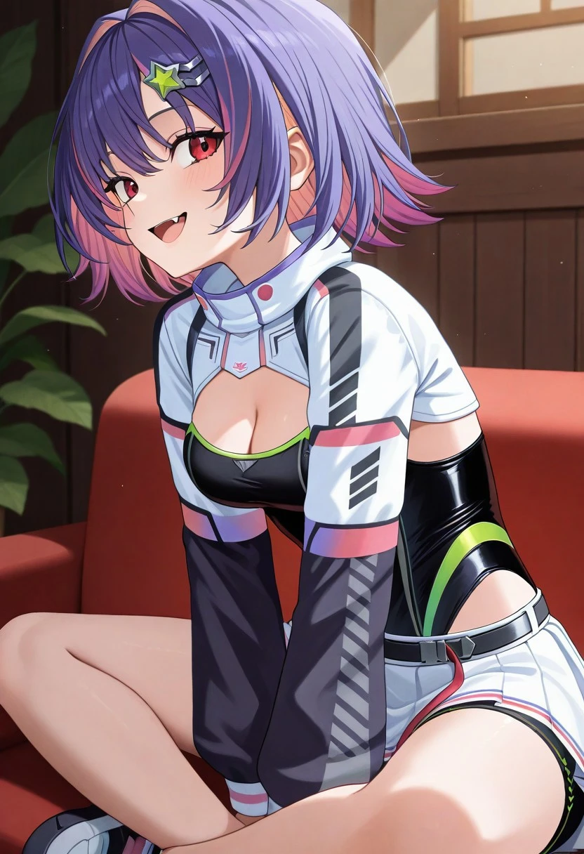 masterpiece, best quality,
1girl, riko solari,
red eyes,
purple hair, colored inner hair, short hair,
hairclip,
medium breasts, cleavage,
shrug (clothing),
black leotard, leotard under clothes,
white skirt,
bike shorts, shorts under skirt,
fang,
indian style, sitting, looking at viewer, smile, open mouth, from side, sideways glance,