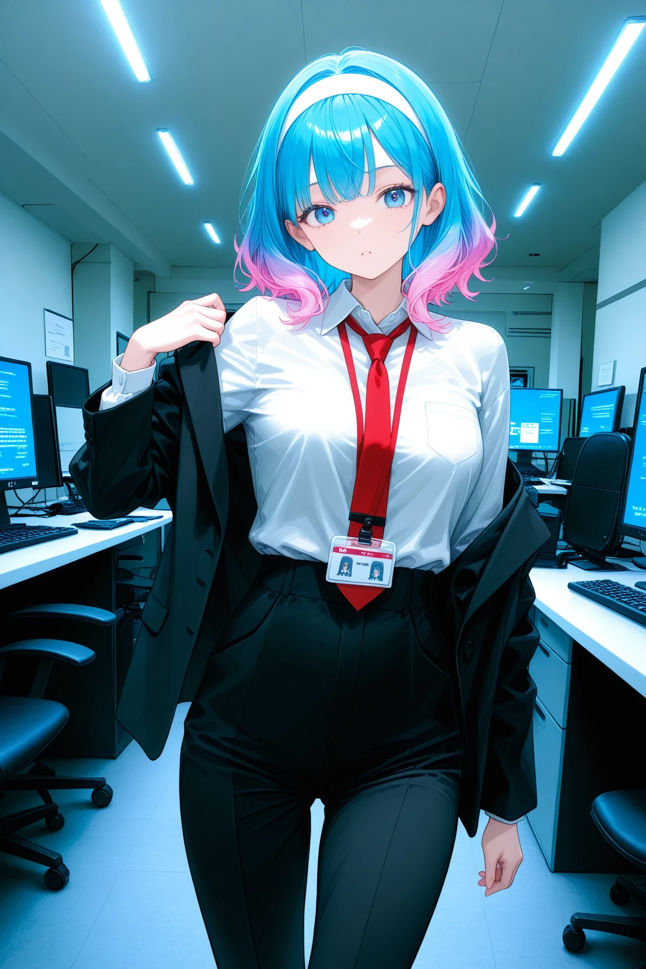 1girl, solo, dynamic,
black jacket, multicolored hair, id card, black pants, jacket, red necktie, gradient hair, keyboard \(computer\), mirror, off-shoulder shirt, photo background, hairband, pants, formal, office,
shirt, monitor, office lady, white hairband, pant suit, necktie, suit jacket, off shoulder, masterpiece, best quality