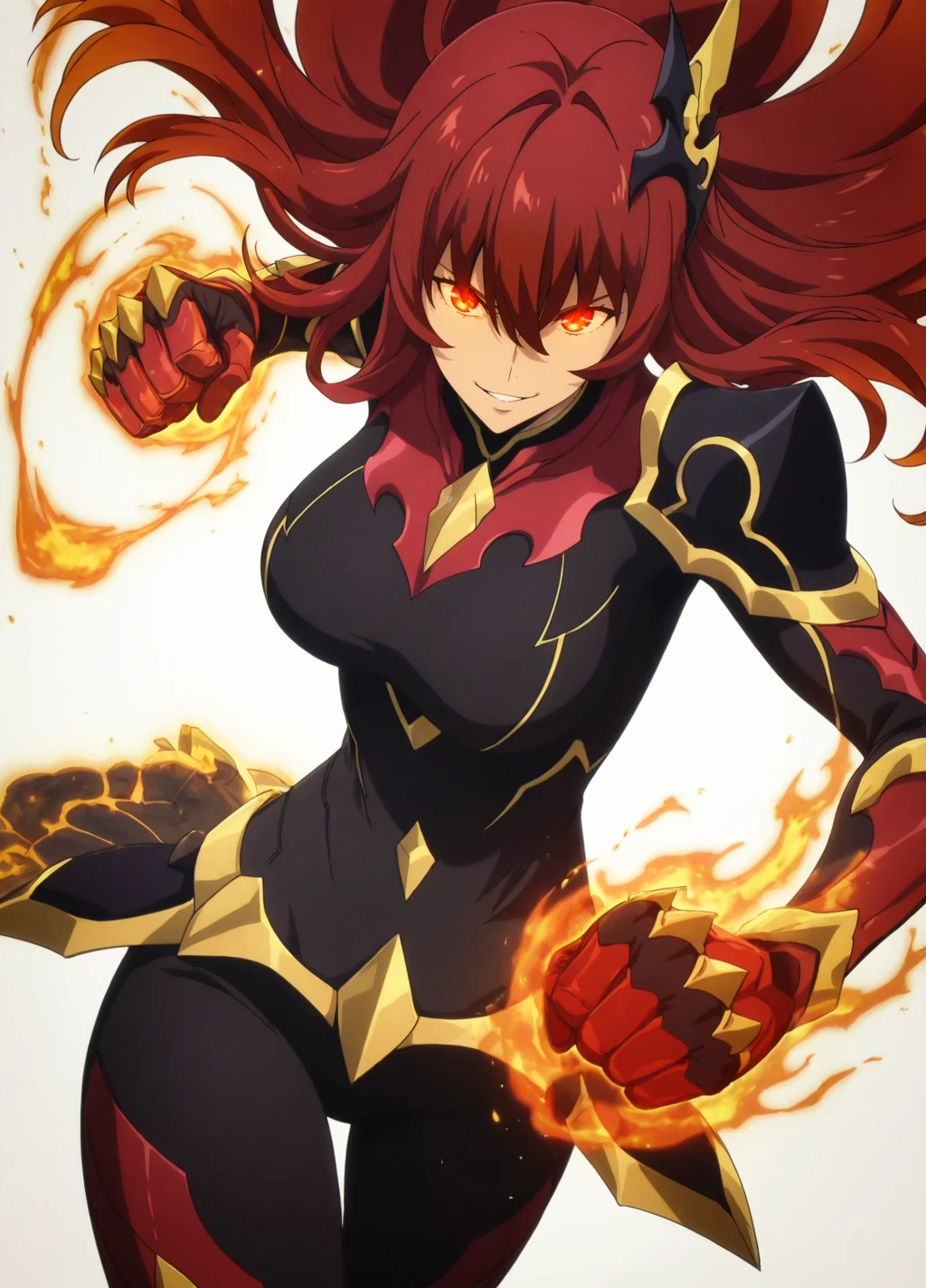 (simple background, white background),
anime screencap,anime coloring,
dynamic pose, fighting stance,punching,smirk, happy,
(masterpiece, best quality:1.2),
hair ornament,
<lora:Baek_Miho:0.8>, miho1, 1girl, solo, long hair, red hair, armor, bodysuit, parted lips, breasts, red eyes,large breasts, smile, hair between eyes, shoulder armor,cowboy shot,
glowing eyes, orange aura, fire, magic,
<lora:add-detail-xl:1>,