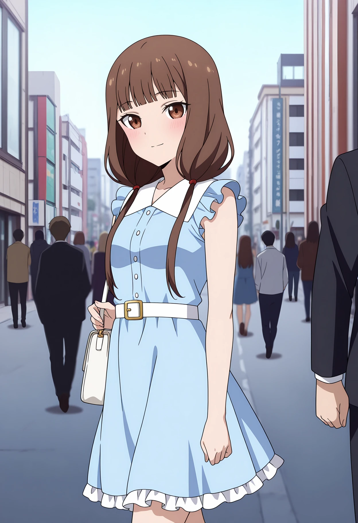 anime screencap, masterpiece, best quality,
<lora:Kaguya-samaWaKokurasetai_IinoMiko_IlluXL:0.9>,
1girl, people, closed mouth, light smile, blush,
low twintails, blunt bangs, long hair, brown hair, brown eyes, hair tie,
sleeveless dress, frilled dress, light blue dress, short sleeves, white belt,
white shoulder bag,
walking, looking at viewer, cowboy shot,
city, street, day, photo background, blurry background