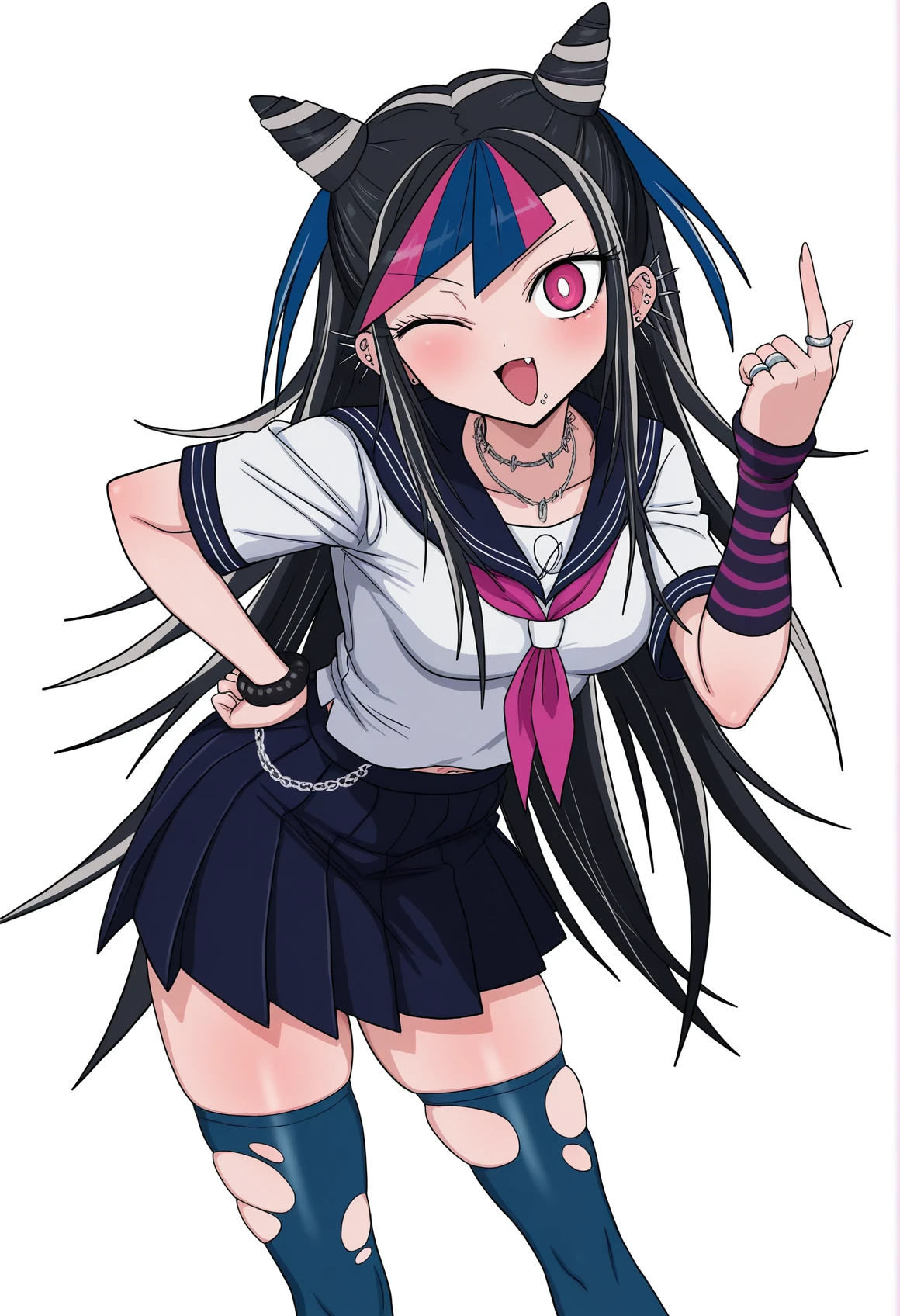 <lora:MCNsSuppaiV2d1:1> MCNs5upq4i,1girl, mioda ibuki, hair horns, long hair, school uniform, thighhighs, solo, piercing, pink hair, multicolored hair, serafuku, blue hair, one eye closed, black hair, pink eyes, skirt, ear piercing, jewelry, cone hair bun, lip piercing, ring, white hair, necklace, open mouth, scar, stitches, torn clothes, torn thighhighs, hair bun, fang