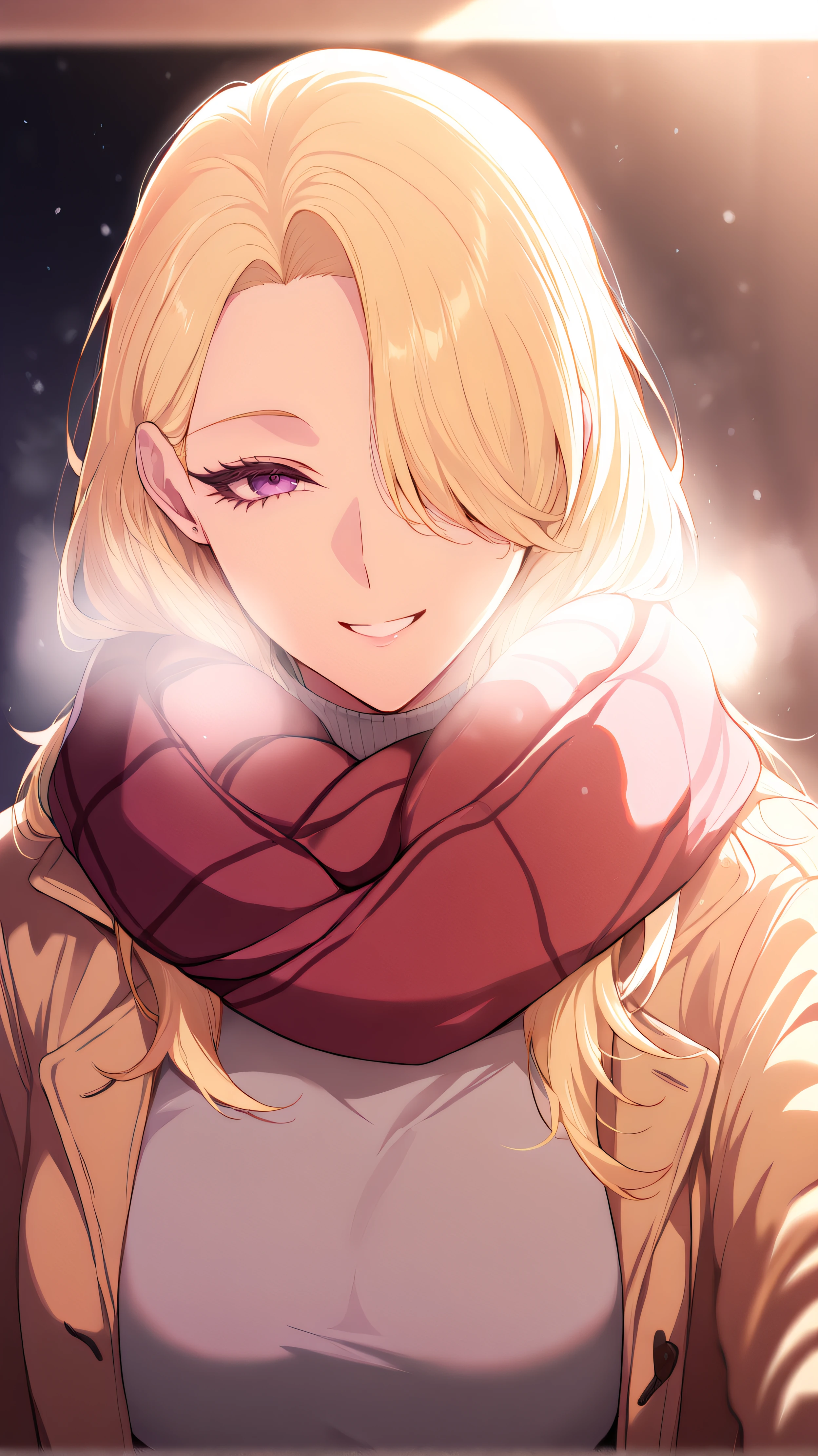 1girl, solo,beautiful detailed eyes,long hair, blonde hair, hair over one eye,purple_eyes,looking at viewer,(medium breasts),
pov cheek warming, 1girl, smile, scarf, coat, solo, looking at viewer,
masterpiece,best quality,amazing quality,highres,